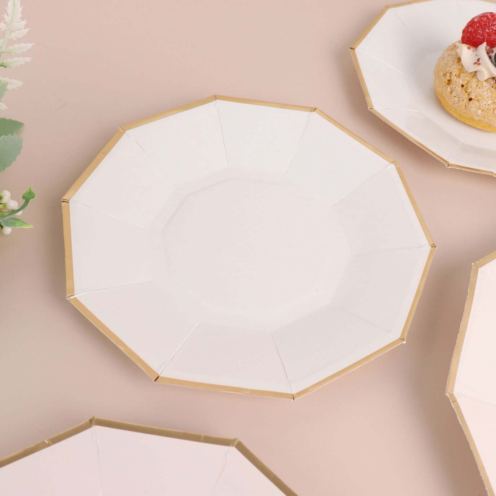 25-Pack Paper 7" Decagon Appetizer Plates in White with Gold Foil Rim - Stylish Geometric Dessert/Salad Plates for Cocktail Parties & Receptions