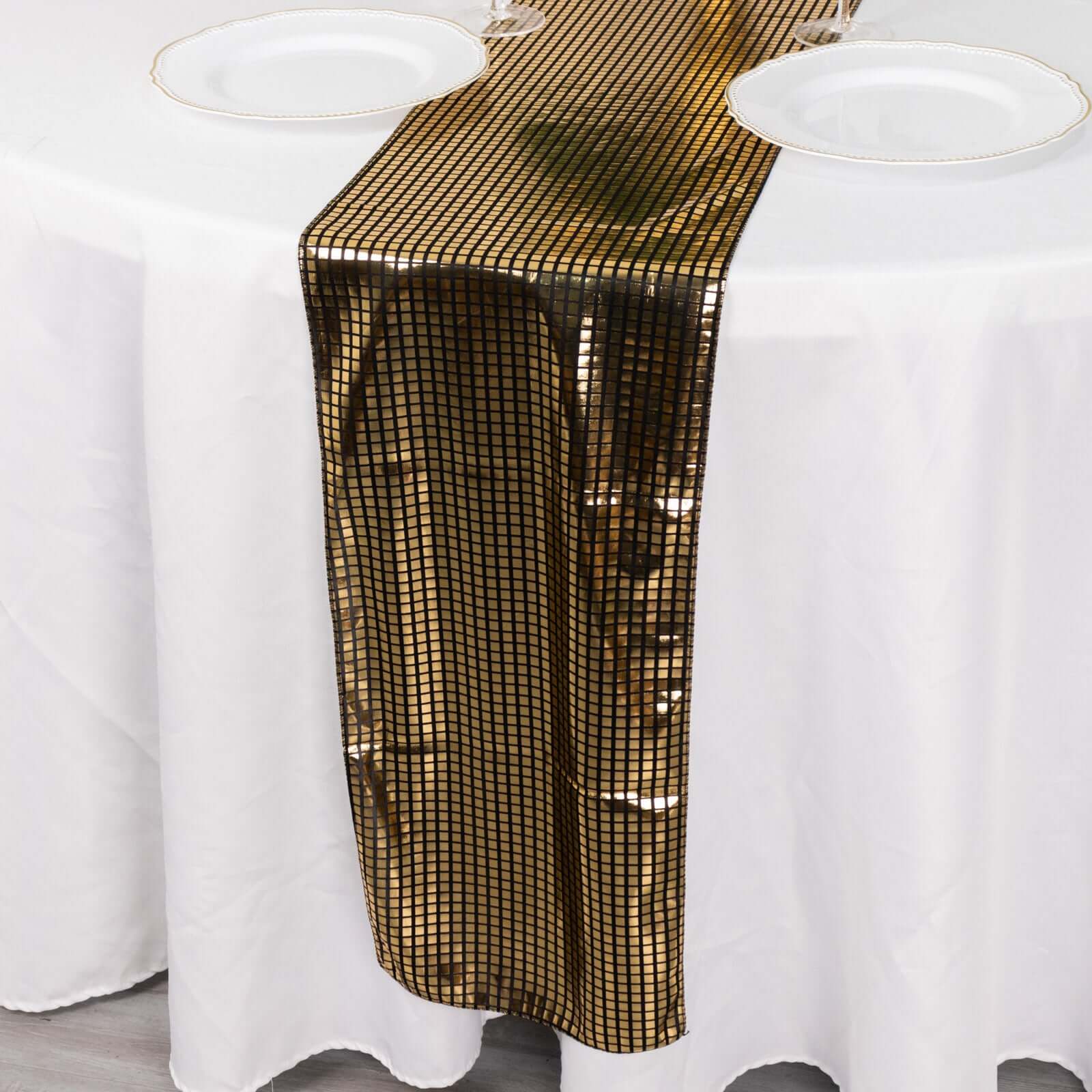Mirror Foil Polyester 12"x108" Table Runner Black with Gold Metallic Square - Shiny Disco Theme Party Table Decor