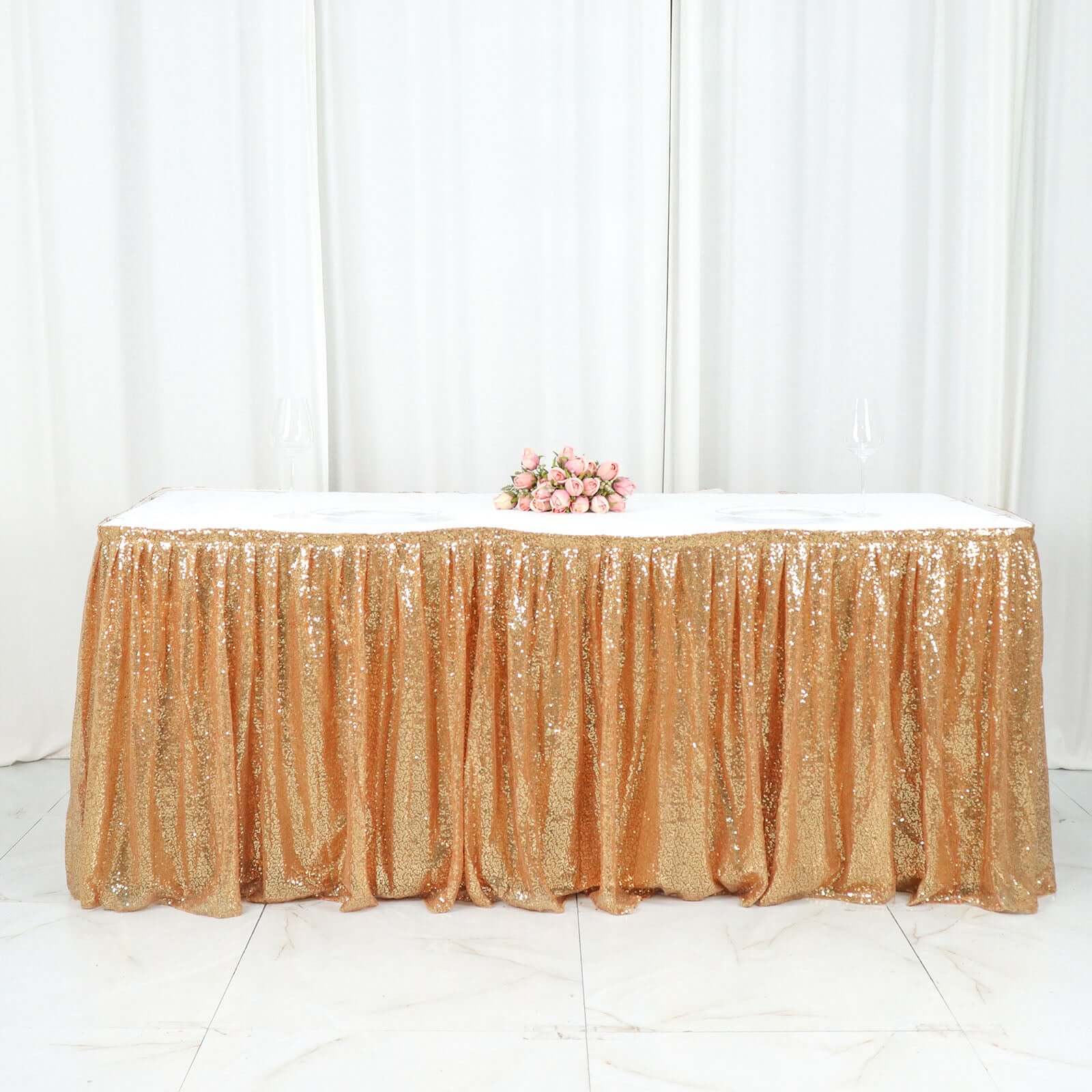 Sequin 17ft Table Skirt Gold - Pleated Satin With Top Velcro Strip - Glitzy Event Decoration