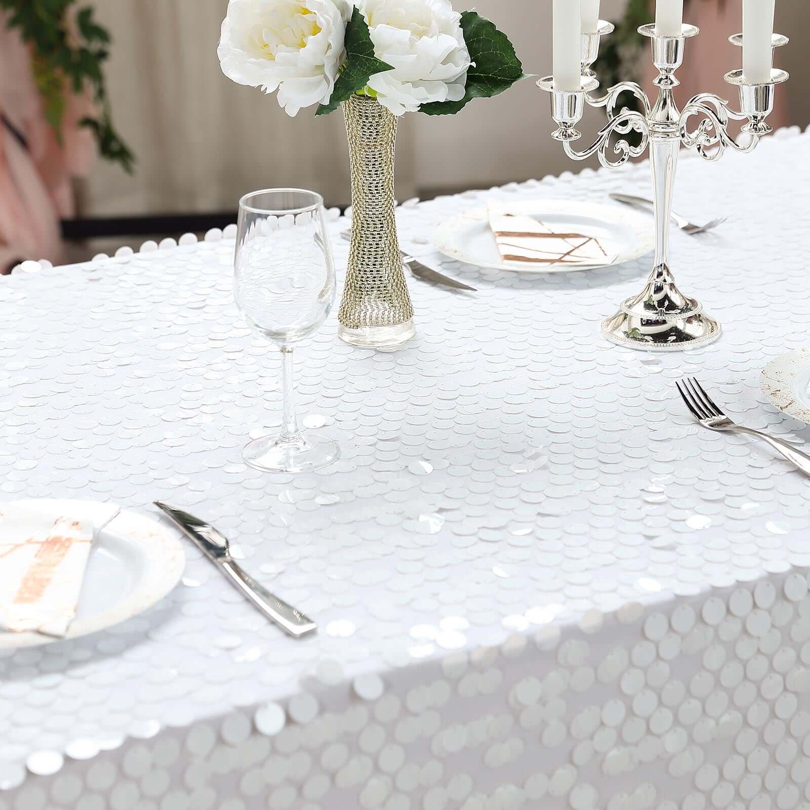 Sequin 90"x132" Rectangle Tablecloth White - Seamless Big Payette Design for Sophisticated Occasions