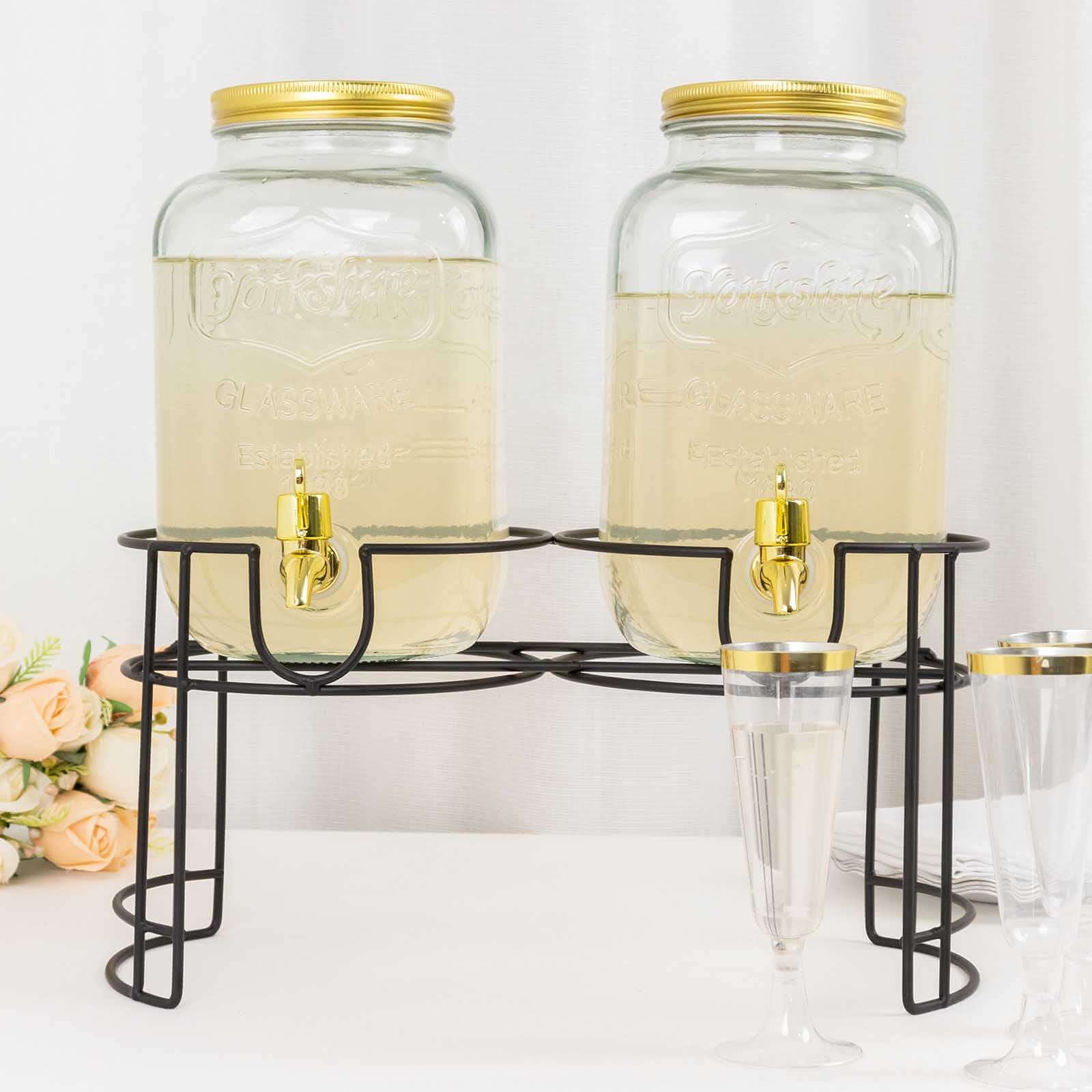 2-Pack Clear Glass Beverage Dispenser Stand, Dual Juice Jars with Gold Metal Lids and Spigot - Convenient Serving Feature 2-Gallon