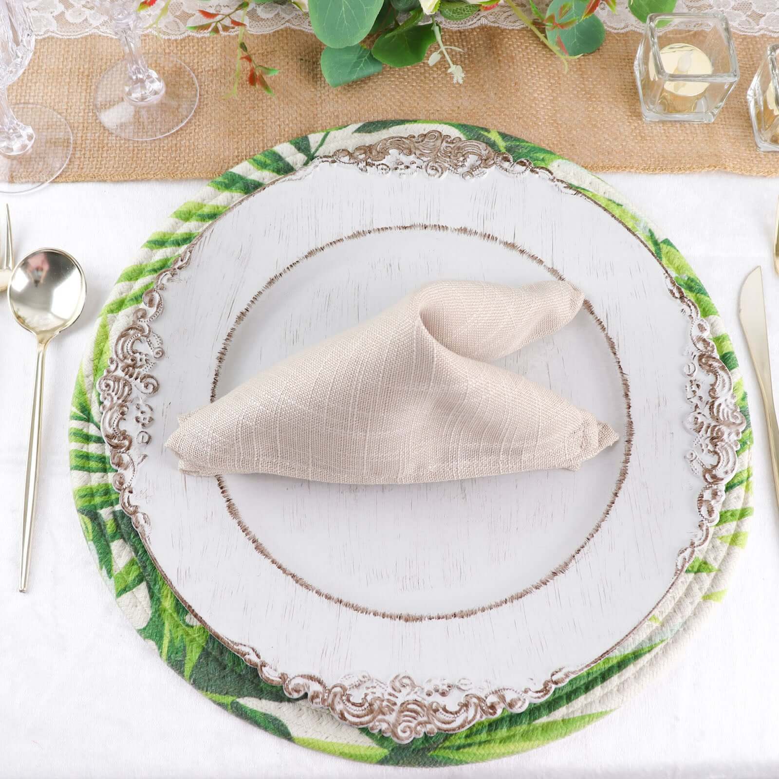 4-Pack Table Placemats Tropical Leaf Design Green Cotton Round - Woven Indoor/Outdoor Dining Mats 15"