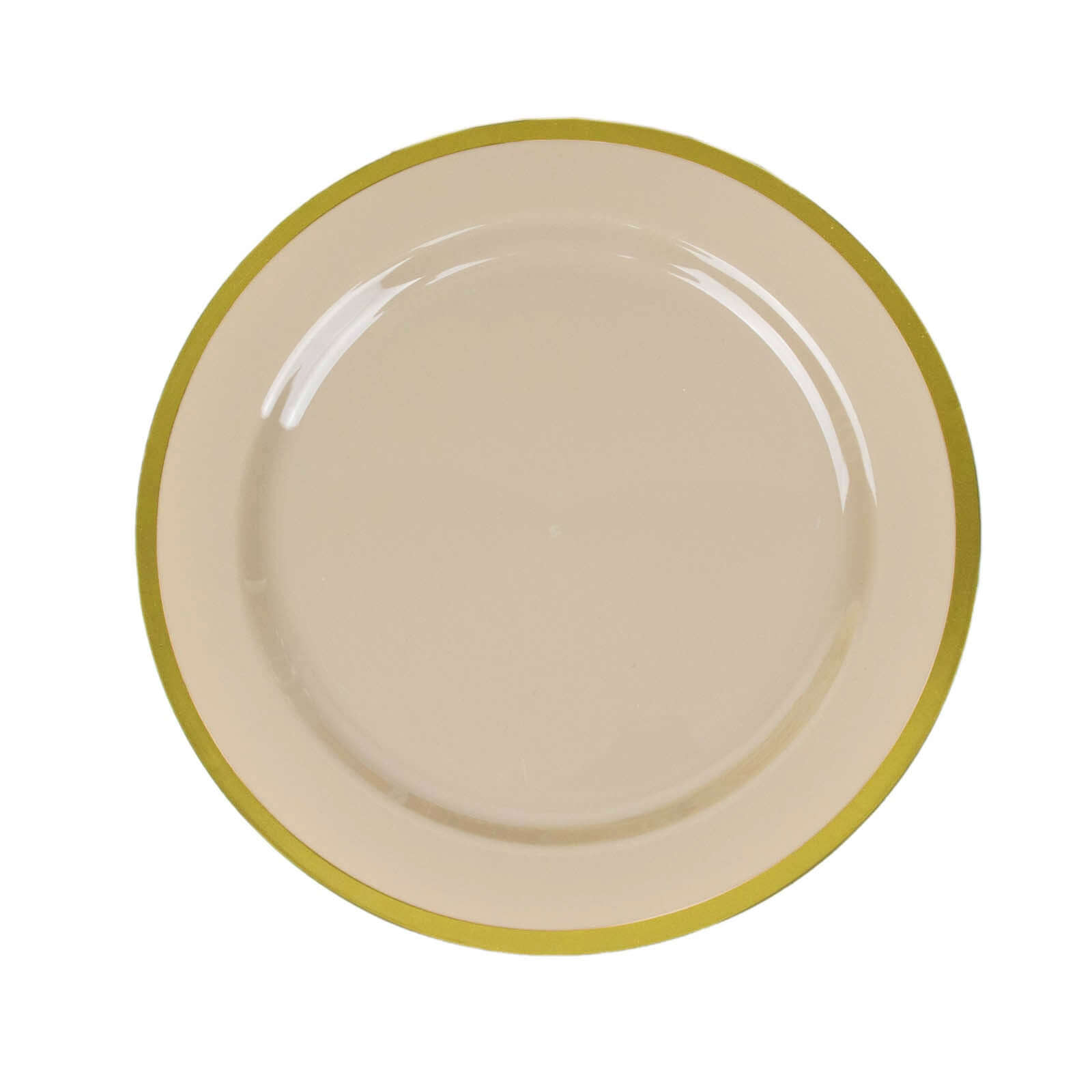 10-Pack Plastic 10" Round Dinner Plates in Taupe with Gold Rim - Disposable Party Plates for Classy Banquets & Special Occasions