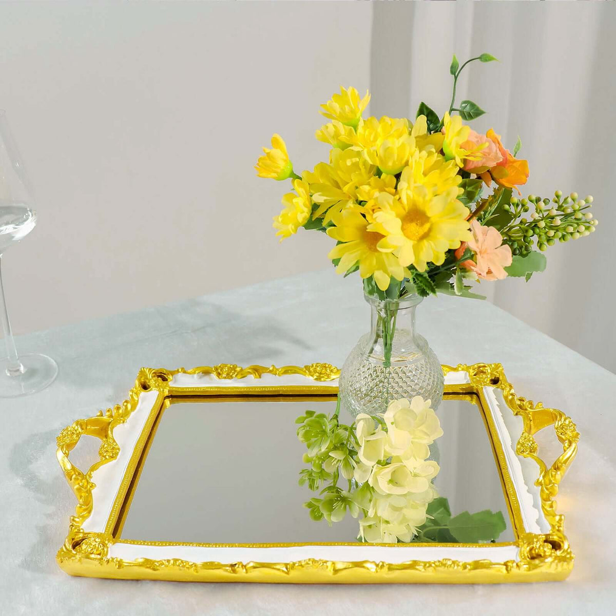 Resin Mirrored Rectangle Serving Tray 15"x10" in White with Gold Baroque Design, Stylish Decorative Vanity Tray Centerpiece