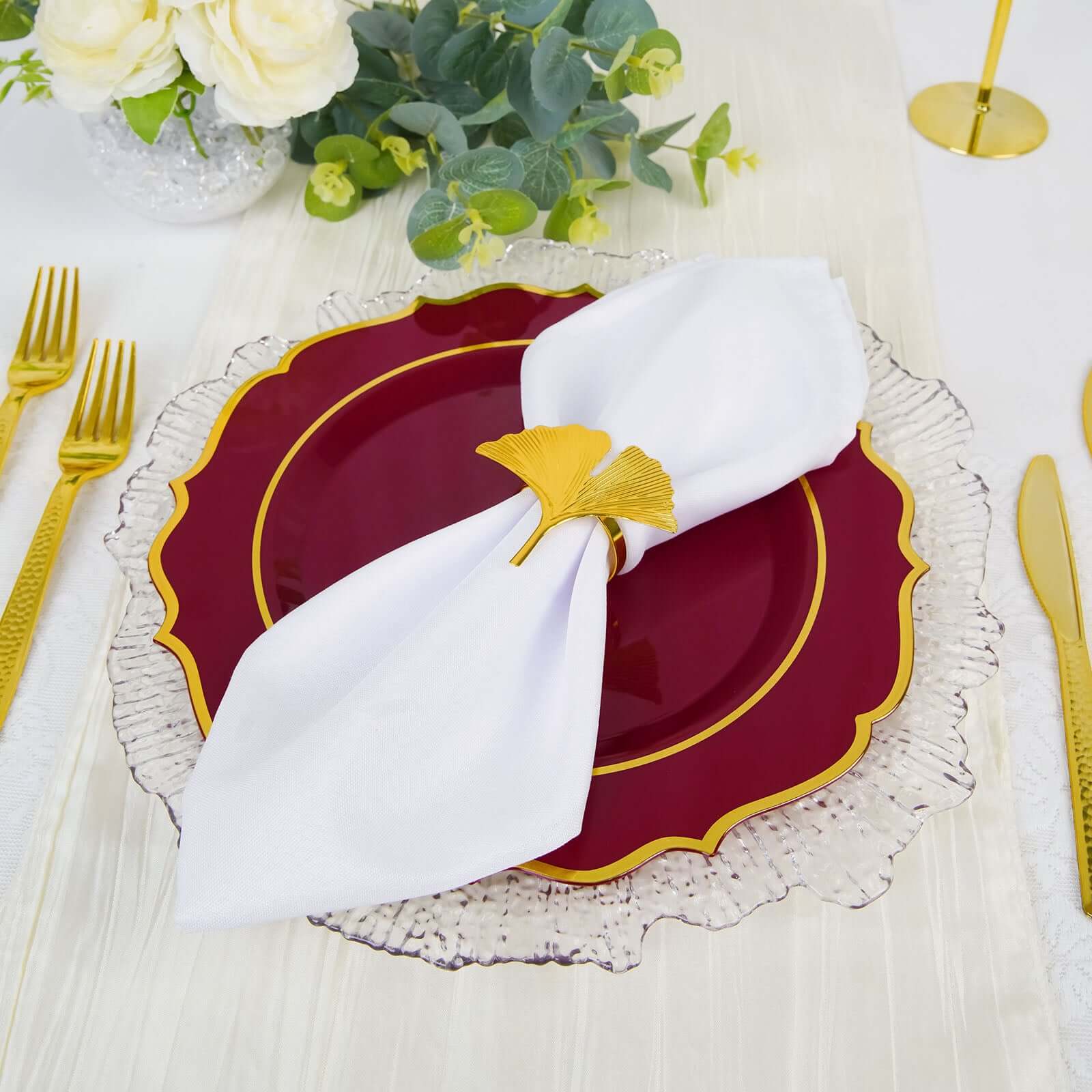 10-Pack Plastic 10" Round Dinner Plates in Burgundy with Gold Scalloped Rim - Disposable Party Plates