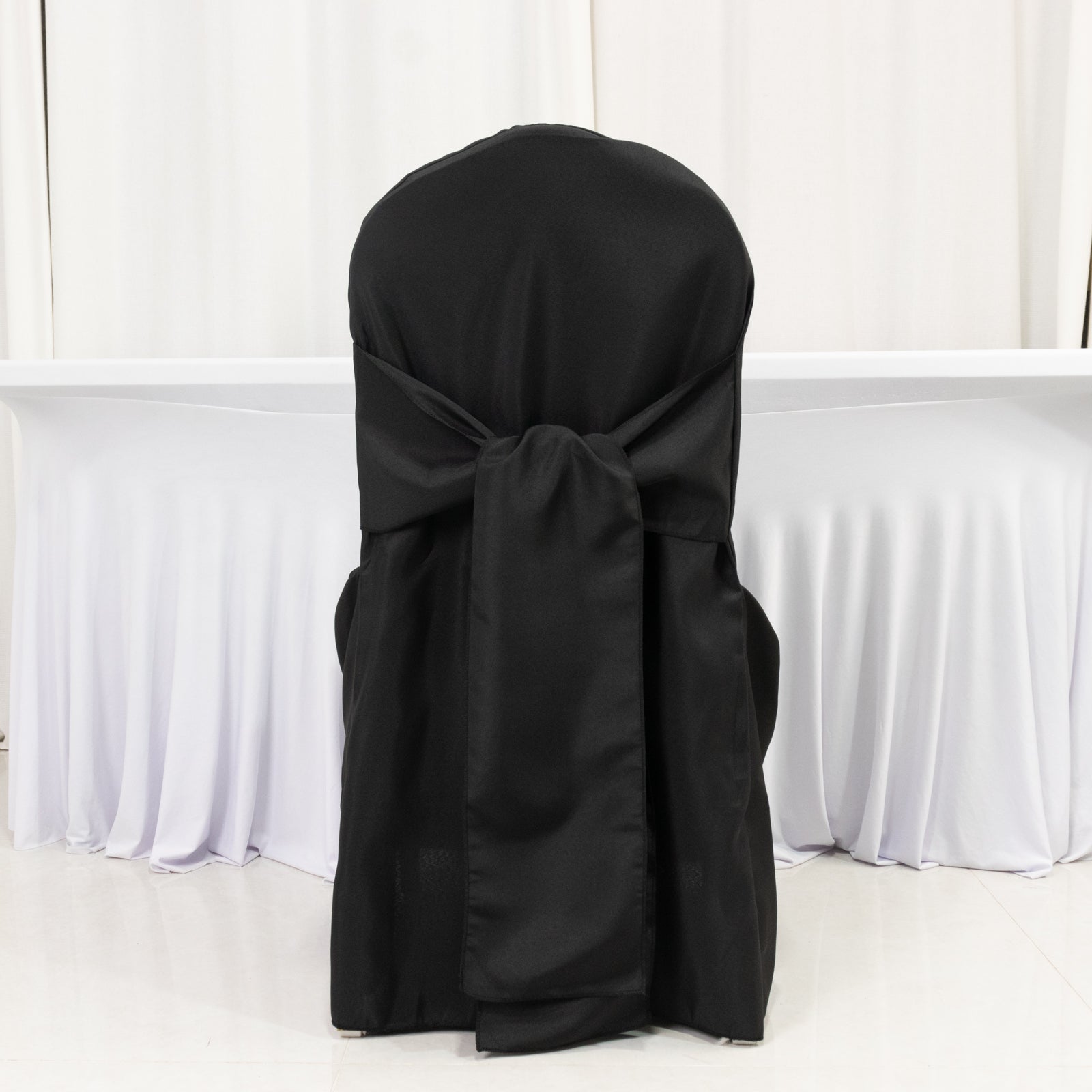 10-Pack Polyester Slip-On Banquet Chair Covers with Attached Sashes – Black Reusable Stain-Resistant Covers for Wedding & Event Decor