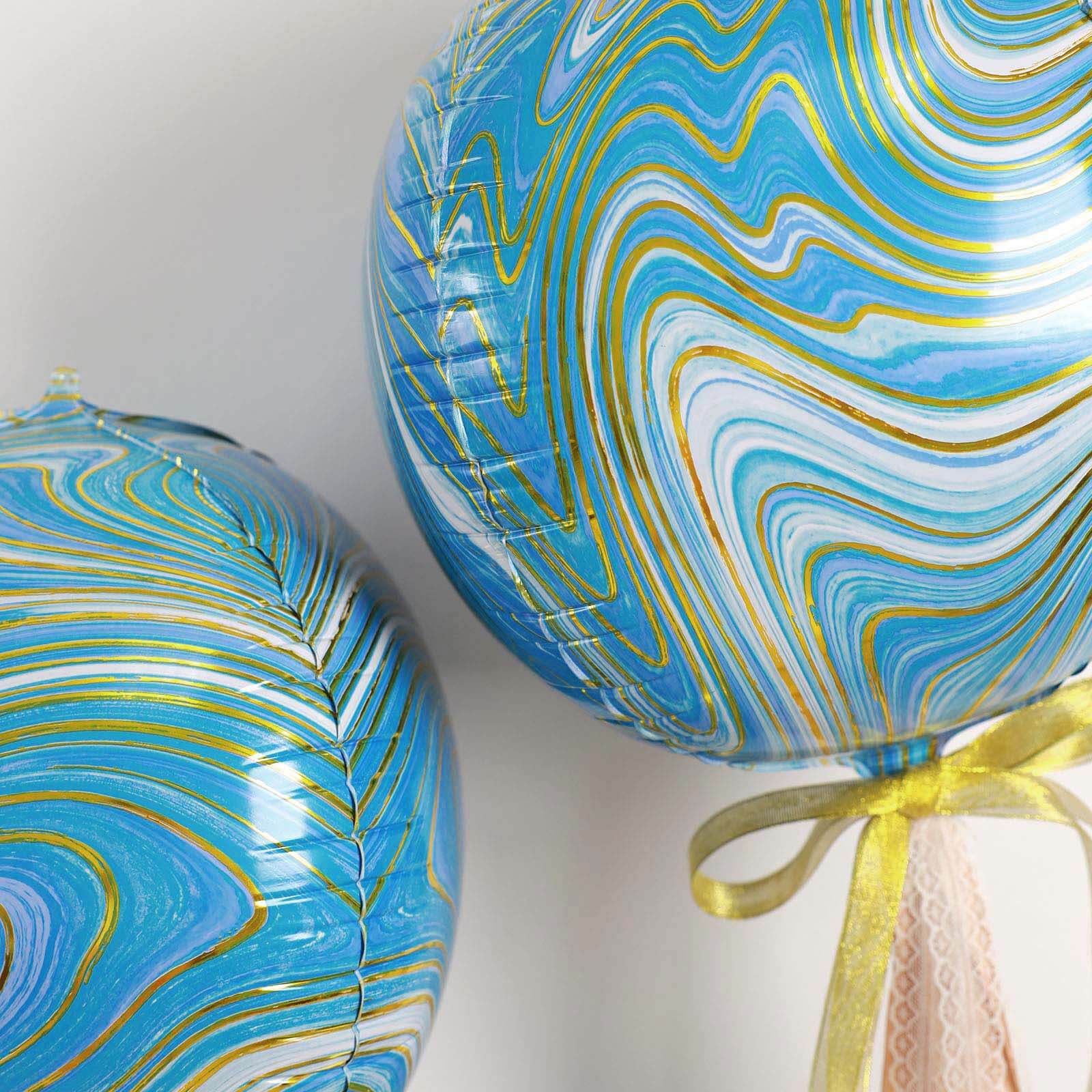3 Pack 13" 4D Blue Gold Marble Sphere Foil Helium or Air Balloons