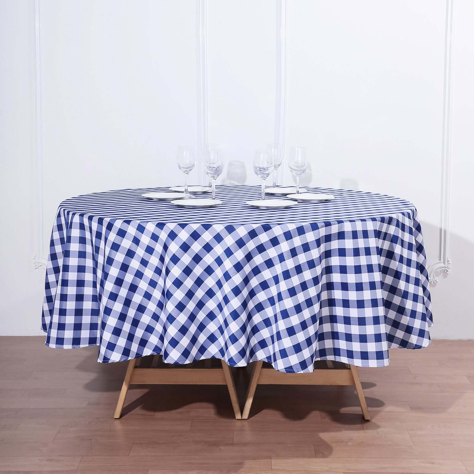 Polyester 90" Round Tablecloth White/Navy Blue - Checkered Buffalo Plaid Table Cover