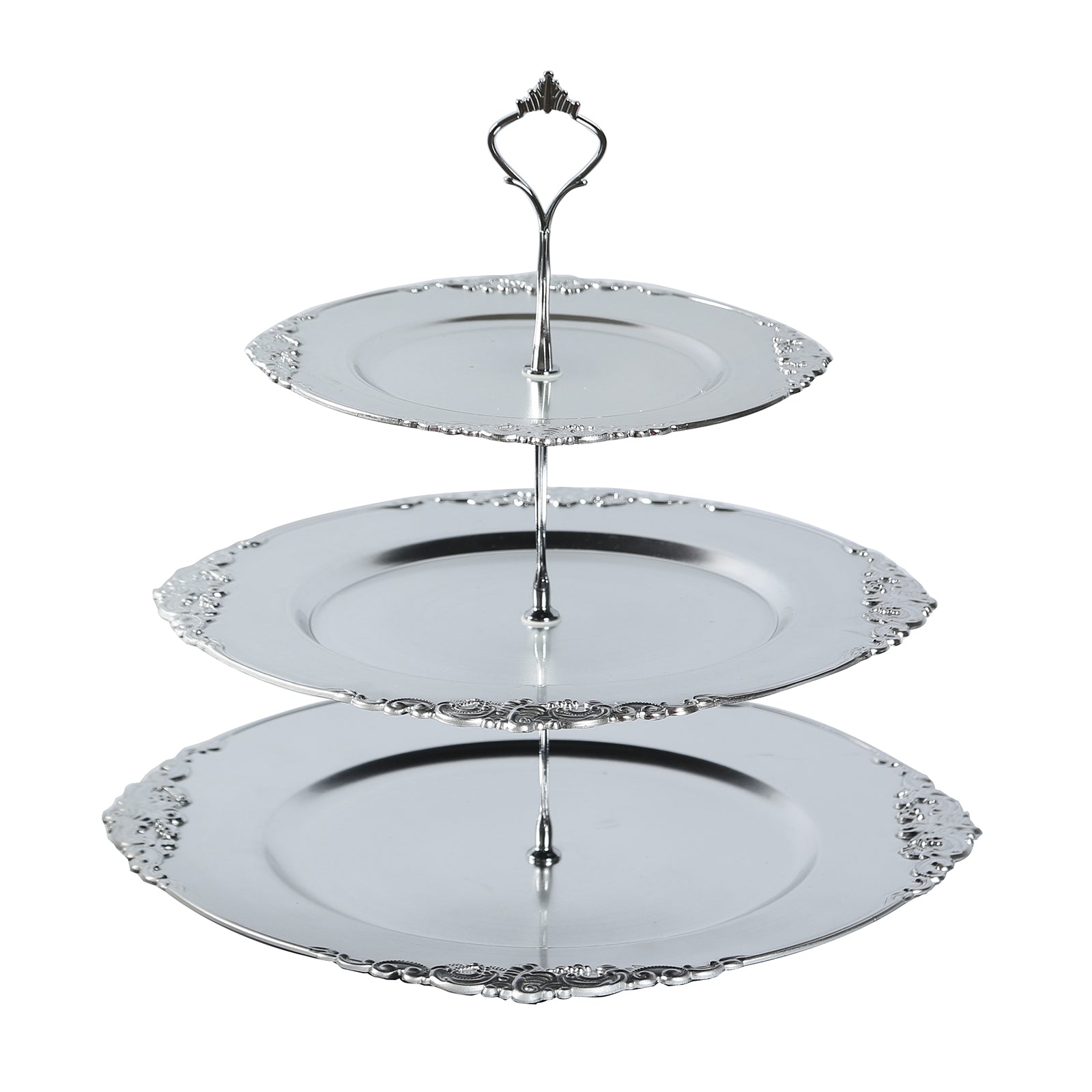 3-Tier Plastic Round Cupcake Stand Metallic Silver with Baroque Rim & Top Handle 13"