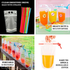 50-Pack Plastic Drink Pouches 12oz Clear - Stand Up Reclosable Hand-Held Juice Smoothie Drink Bags with Straws and Zipper for Travel & Festivals