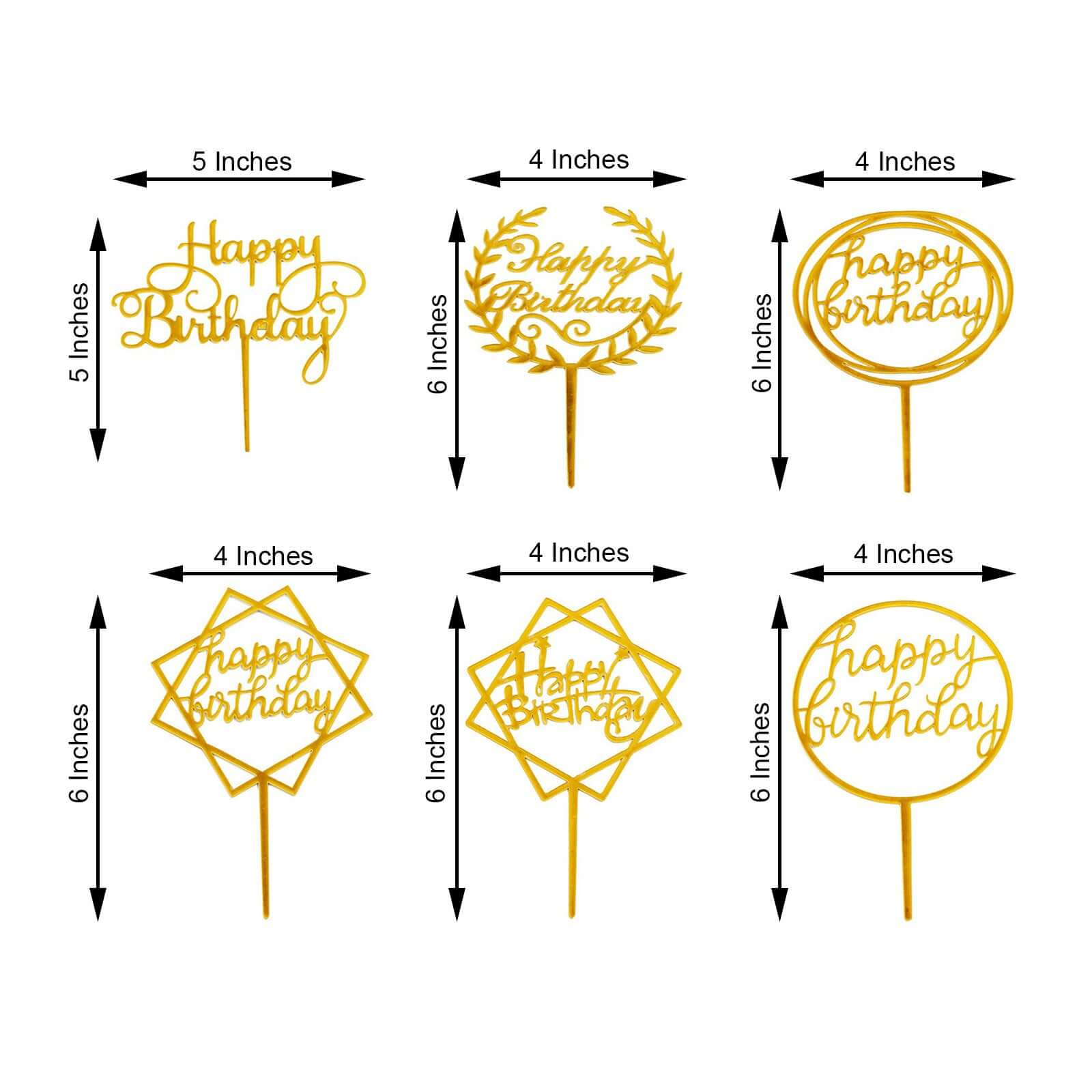 6-Pack Acrylic Happy Birthday Cake Toppers Gold Assorted Styles - Fun Reusable Cake Inserts for DIY Party Decoration Supplies