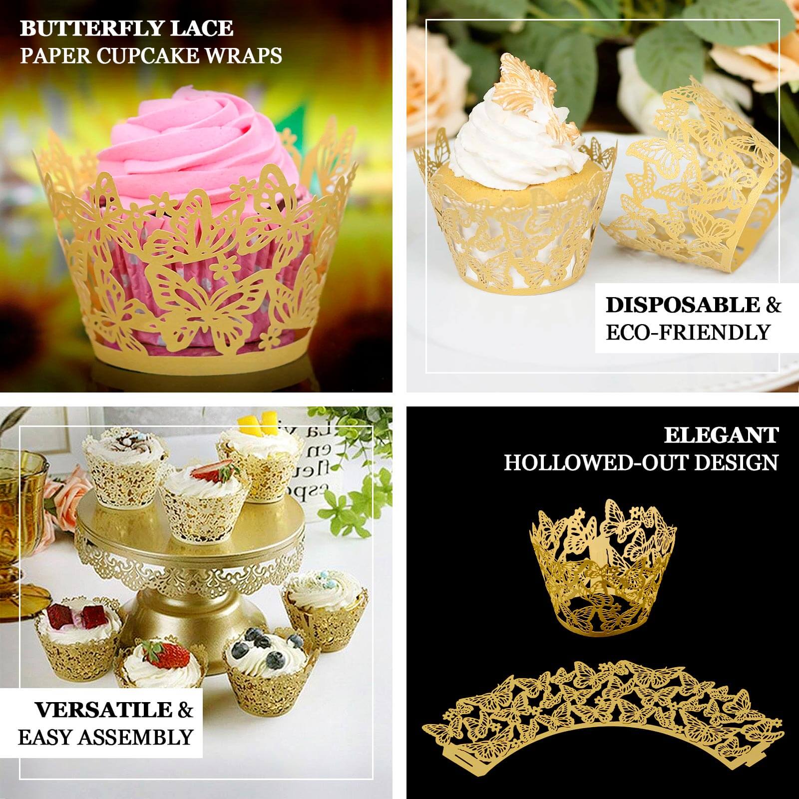 25-Pack Paper Cupcake Liners Butterfly Lace Pattern Design Gold - Round Muffin Wrapper Cups 3"