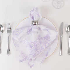 5 Pack Polyester 20"x20" Dinner Napkins White with Lavender Lilac French Toile Pattern - Reusable Floral Cloth Napkins