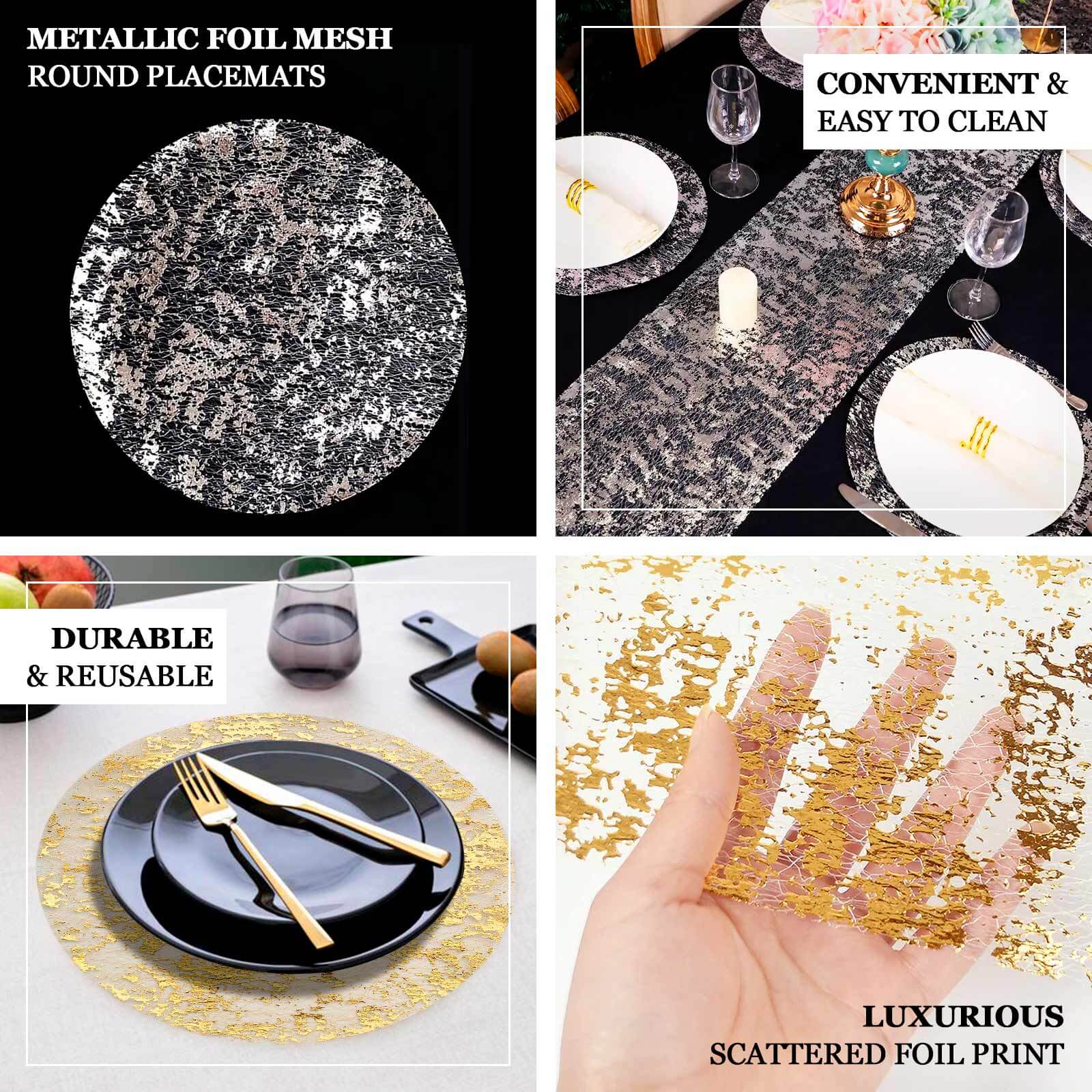 10-Pack Table Placemats Foil Design Metallic Gold Round - Mesh Disposable Shiny Dining Mats 13"