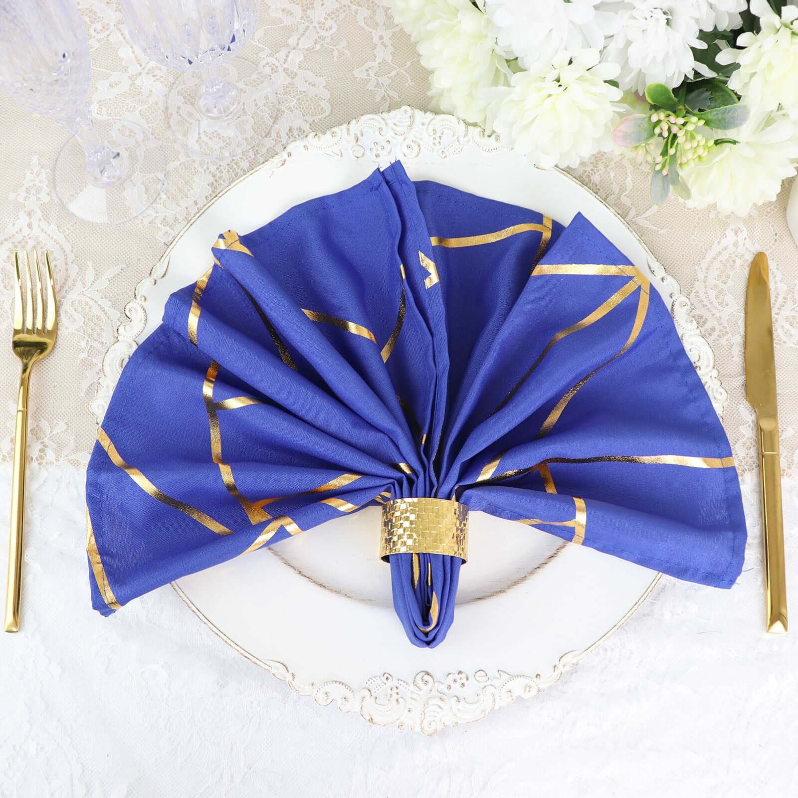 5 Pack Polyester 20"x20" Napkins Royal Blue with Gold Geometric Foil Pattern - Modern Reusable Dinner Napkins
