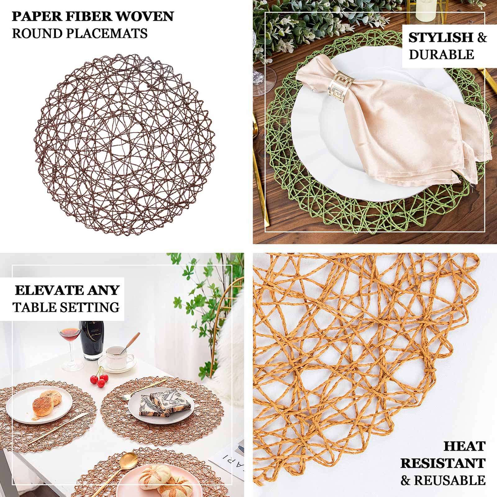 6-Pack Table Placemats Woven Fiber Design White Round - Disposable Mats for Dining and Events 15"