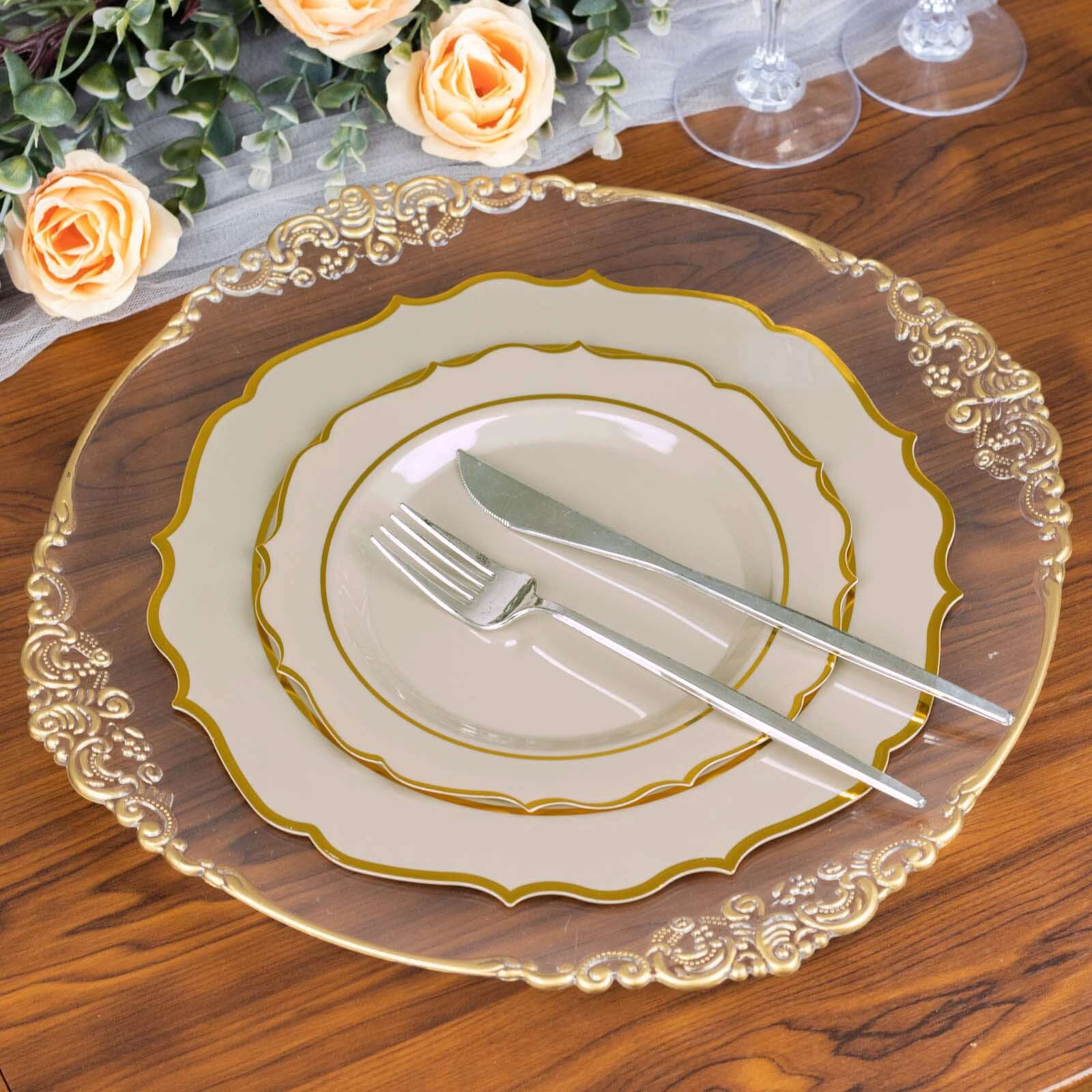 10-Pack Plastic 10" Round Dinner Plates in Taupe with Gold Scalloped Rim - Disposable Party Plates