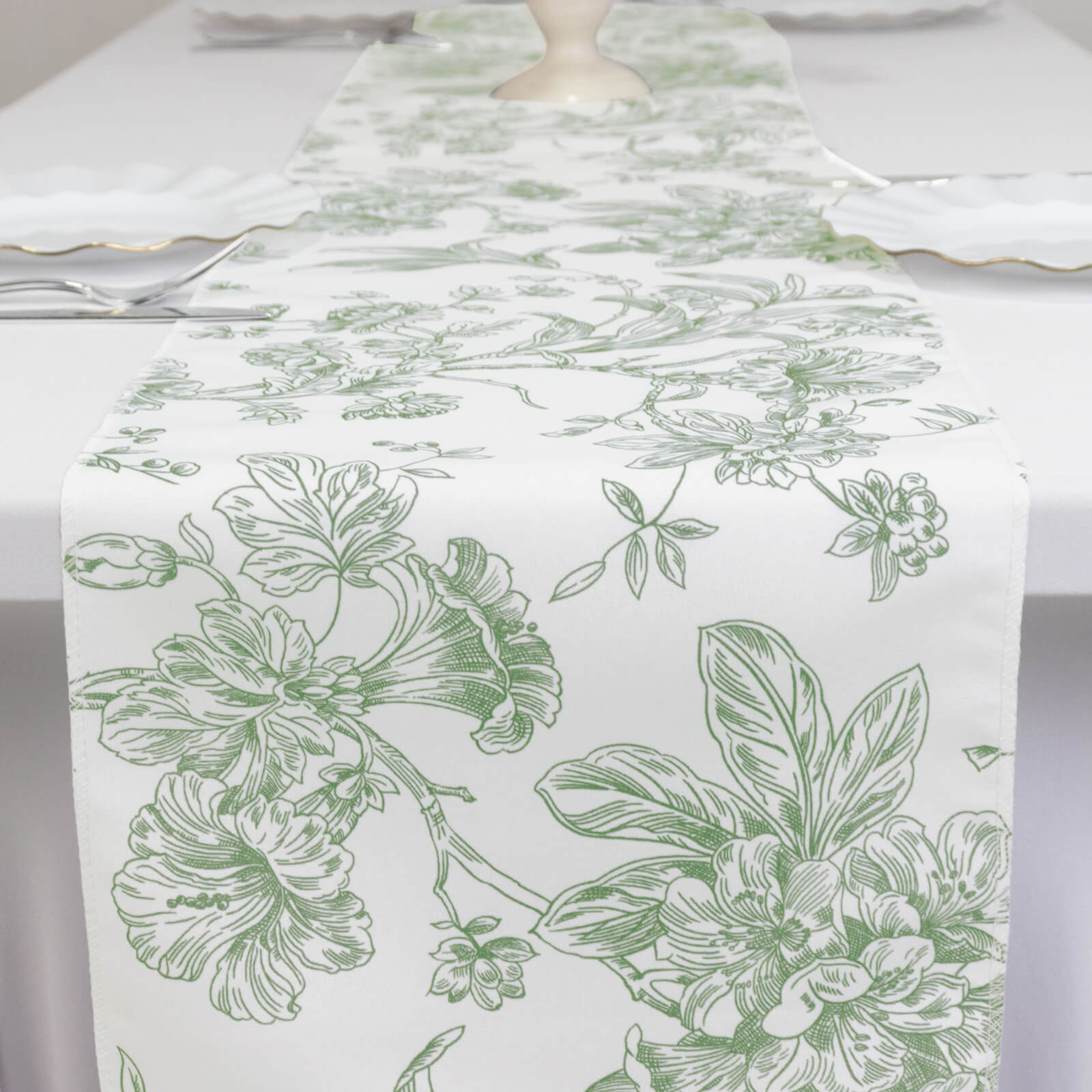 Polyester Table Runner 12"x108" White with Dusty Sage Green French Toile Floral Print Reusable Table Décor