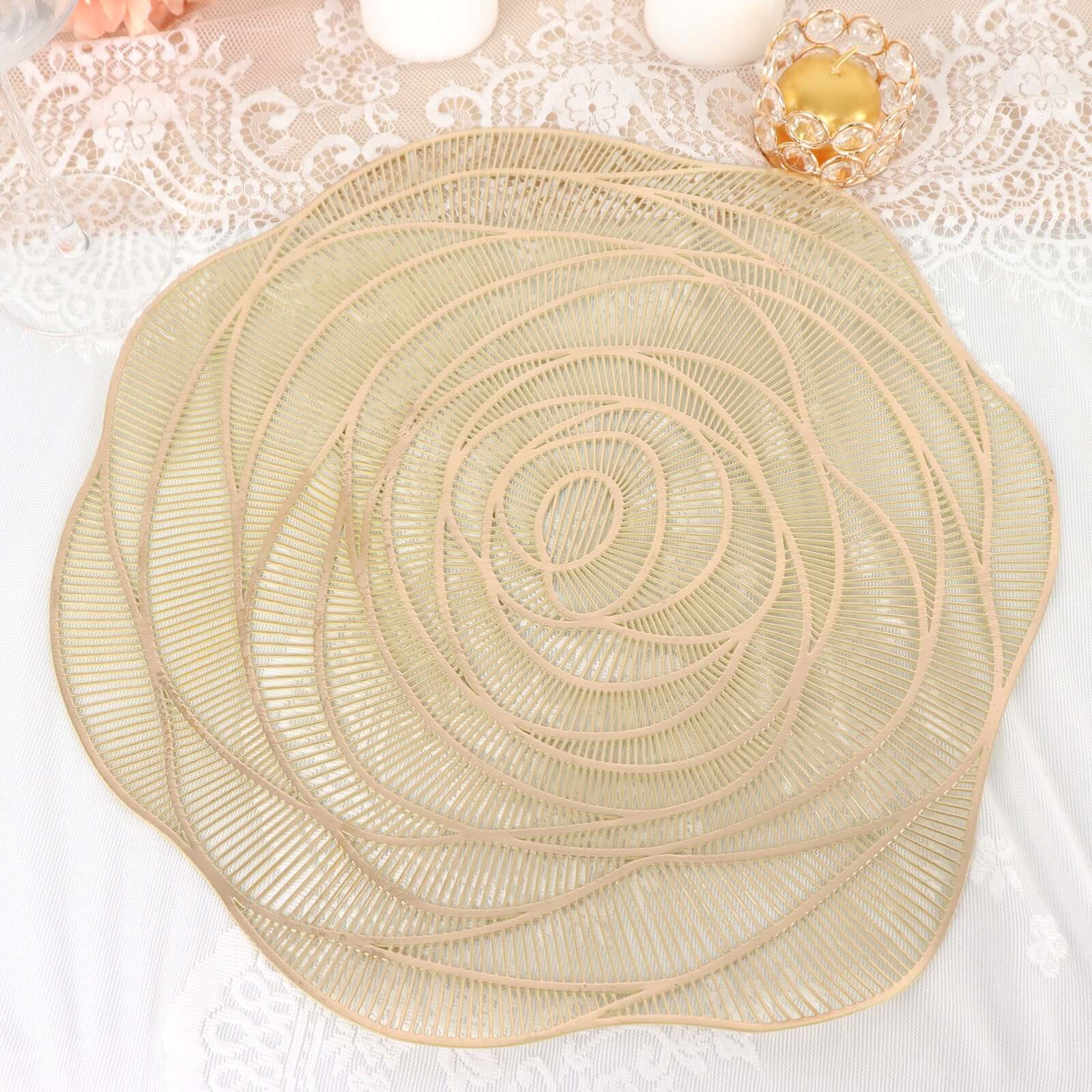 6-Pack Dining Table Mats Rose Flower Design Metallic Gold - Vinyl Round Non-Slip and Washable Table Mats 15"