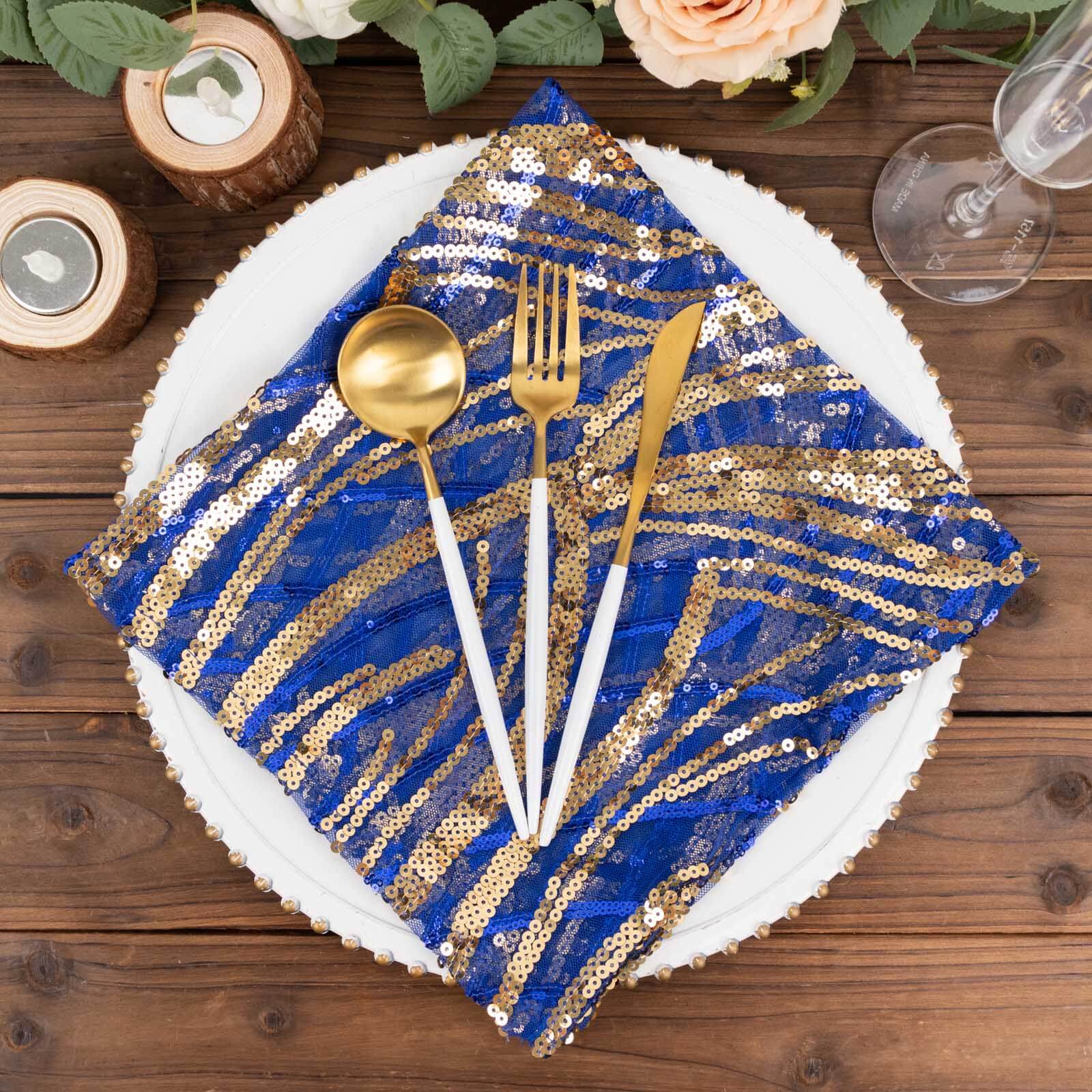 Sequin Mesh 20"x20" Napkin Royal Blue Gold - Wave Embroidered Reusable Napkin