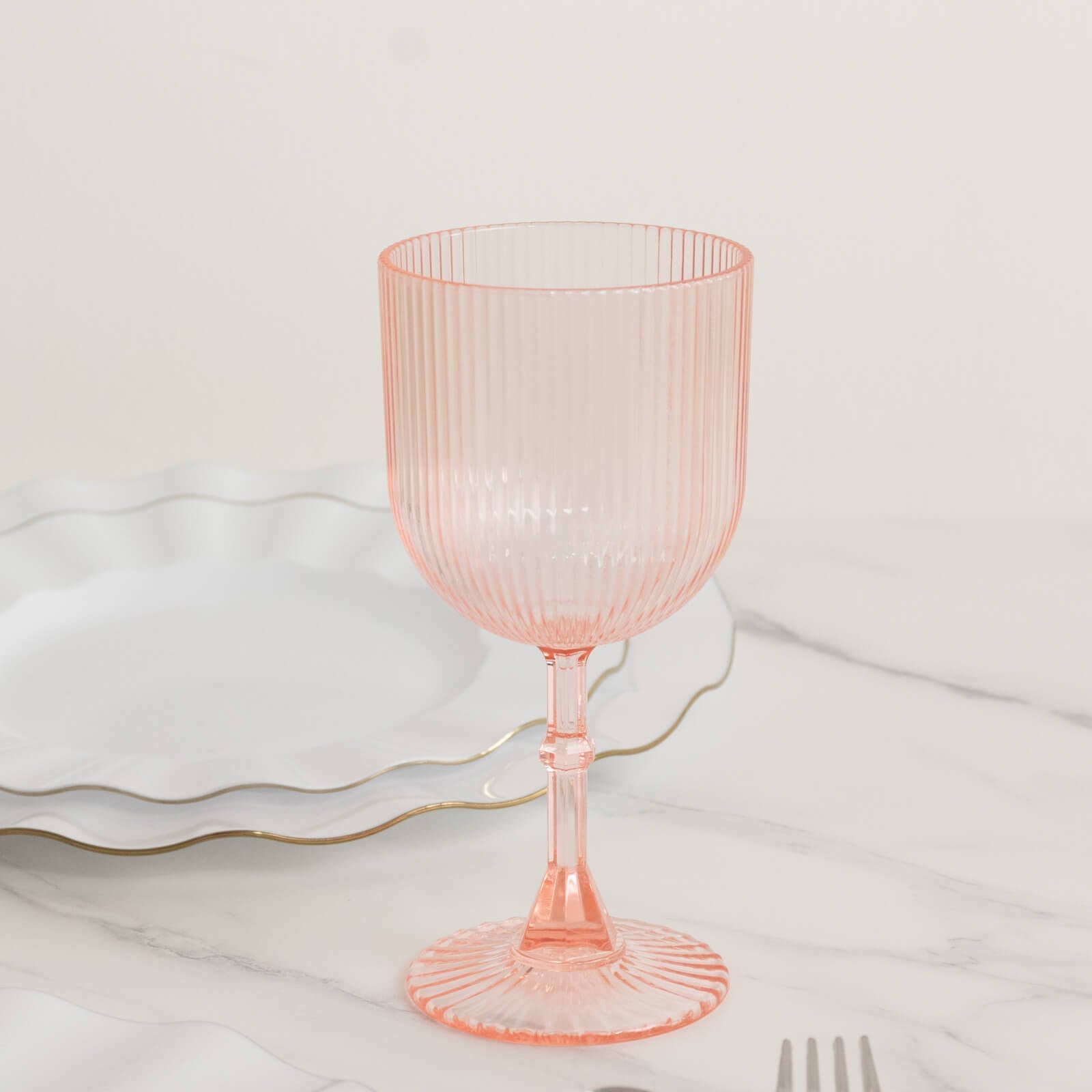 12-Pack Plastic Goblets Transparent Blush Vintage Ribbed Pattern - Reusable Shatterproof Glassware 9oz