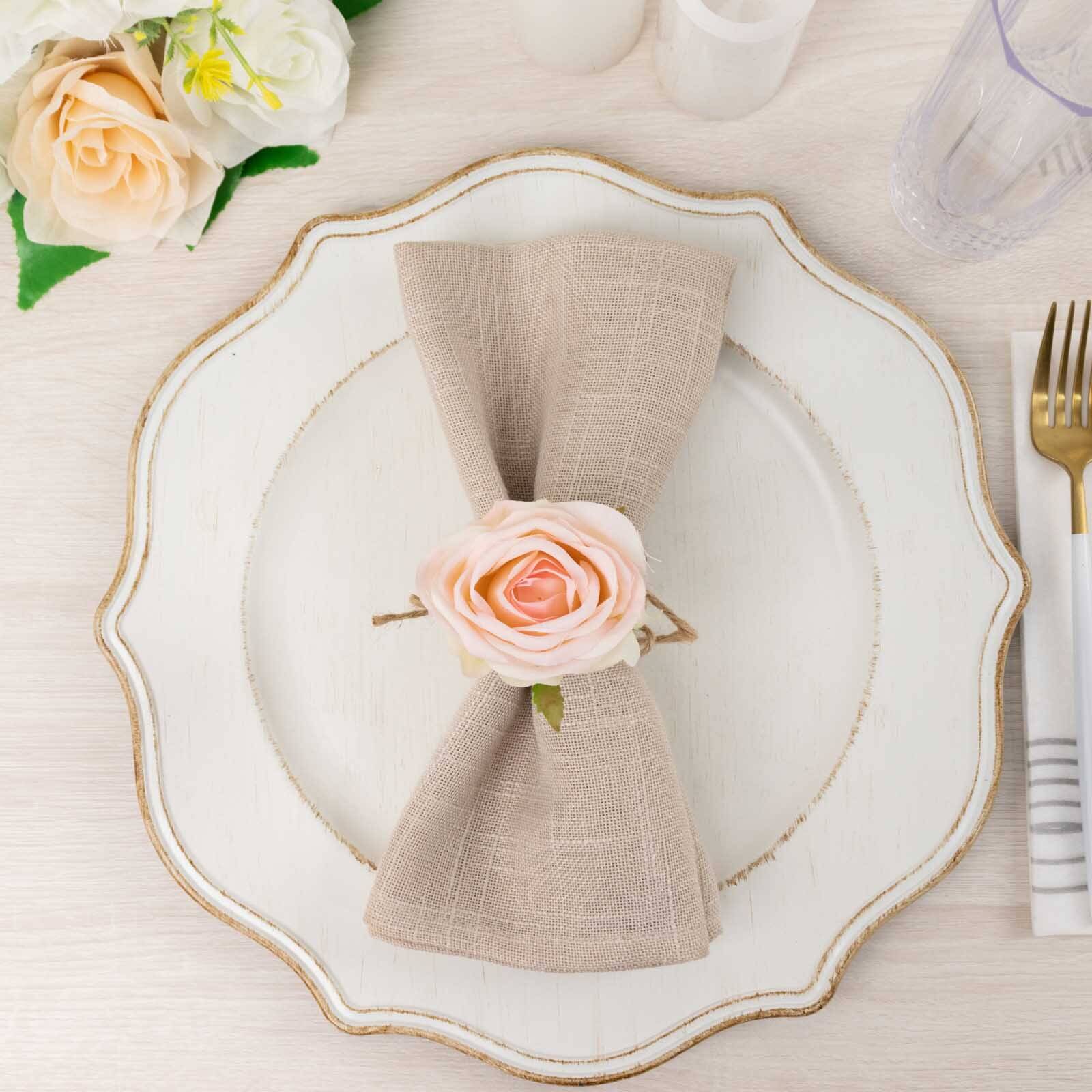 4 Pack Blush Artificial Rose Flower Wooden Napkin Holders, Farmhouse Country Floral Napkin Rings - 4"
