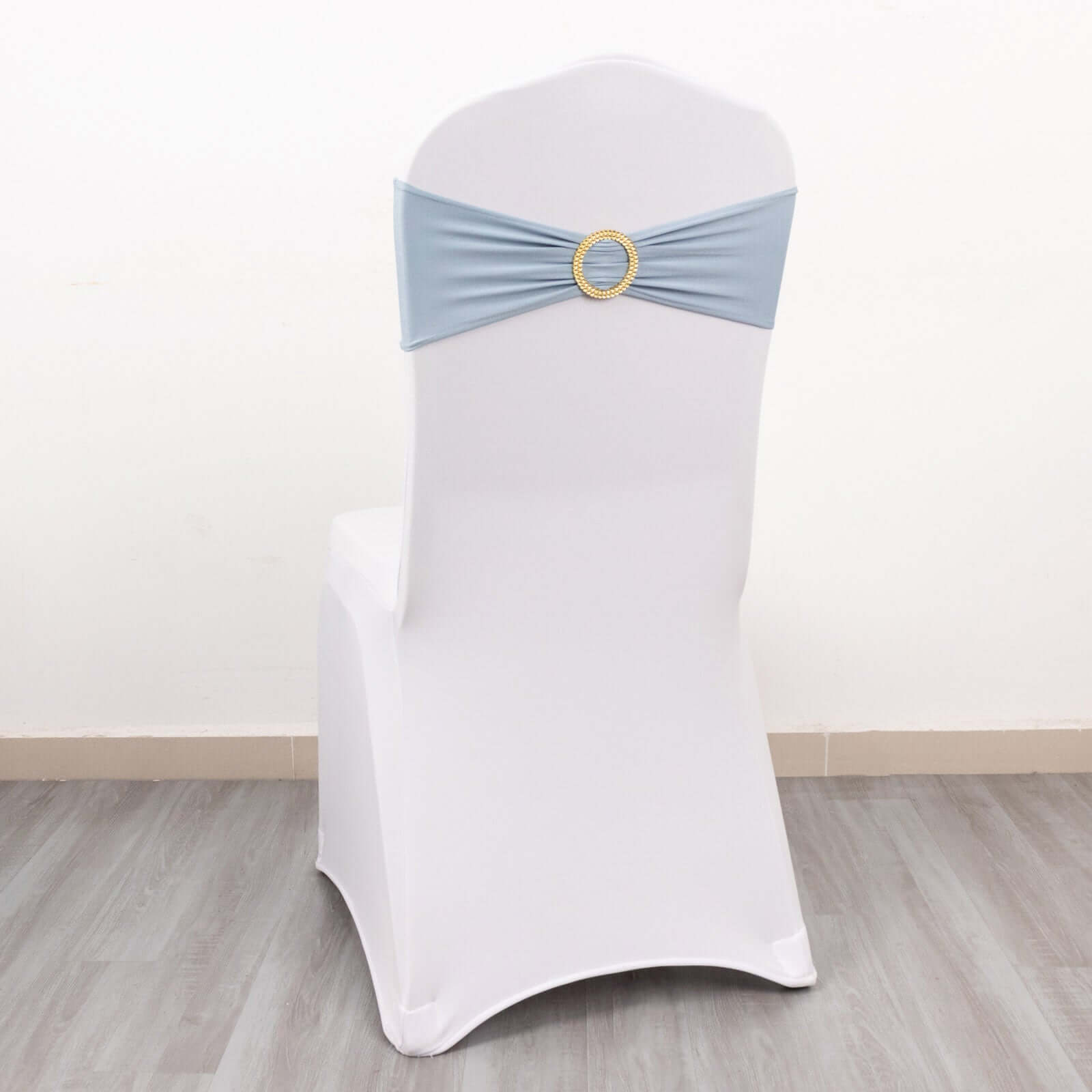 5 Pack Spandex Chair Sashes Dusty Blue with Gold Rhinestone Buckles - Reusable Four-Way Stretch Sash Bands 5"x14"