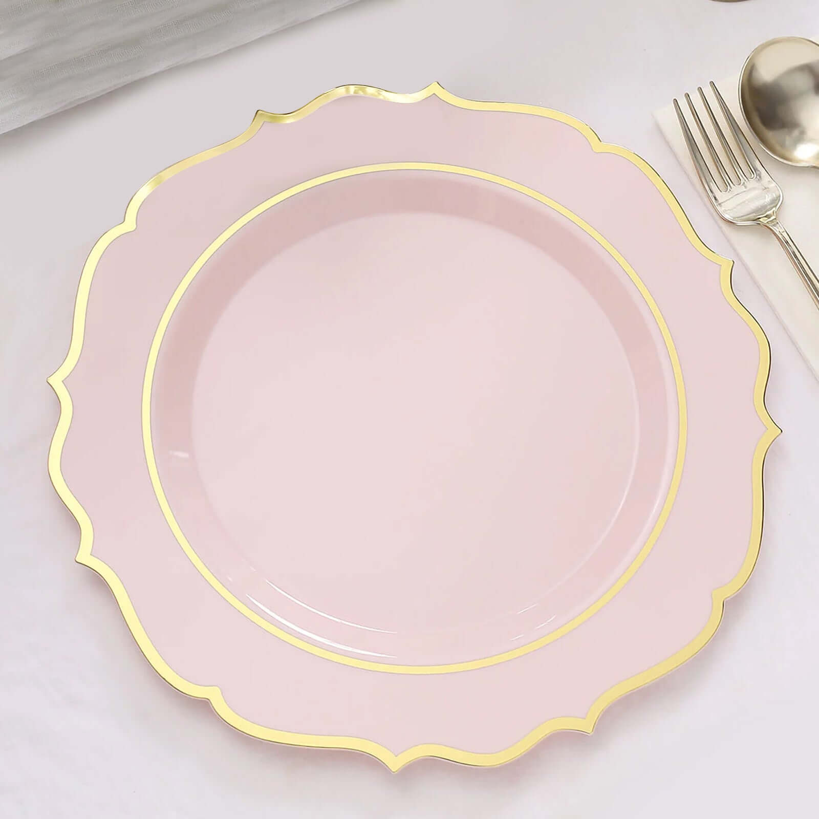 10-Pack Plastic 10" Round Dinner Plates in Blush with Gold Scalloped Rim - Disposable Party Plates