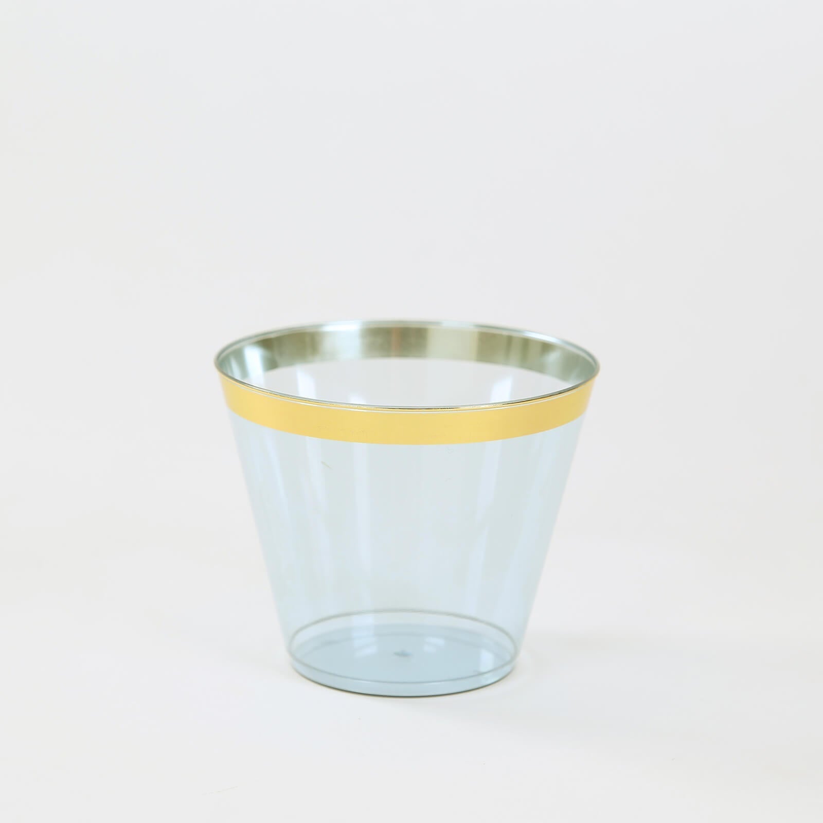 25-Pack Plastic Party Cups Transparent Dusty Blue Crystal with Gold Rim - Stylish Short Disposable Glasses 9oz