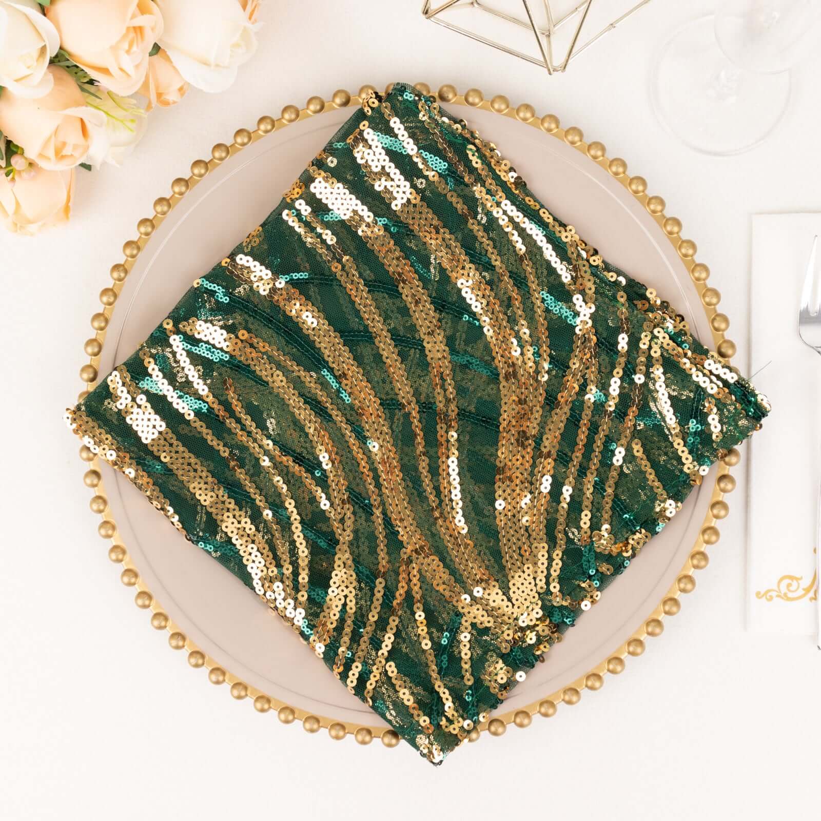 Sequin Mesh 20"x20" Napkin Hunter Emerald Green Gold - Wave Embroidered Reusable Napkin