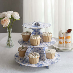 3-Tier Cardboard Cupcake Stand White with Blue French Toile Pattern - Reusable Dessert Display Stand Round Serving Platter for High-Tea Gatherings Weddings & Spring Celebrations 11"