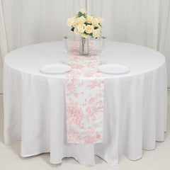 Polyester Table Runner 12"x108" White with Pink French Toile Floral Print Reusable Table Décor