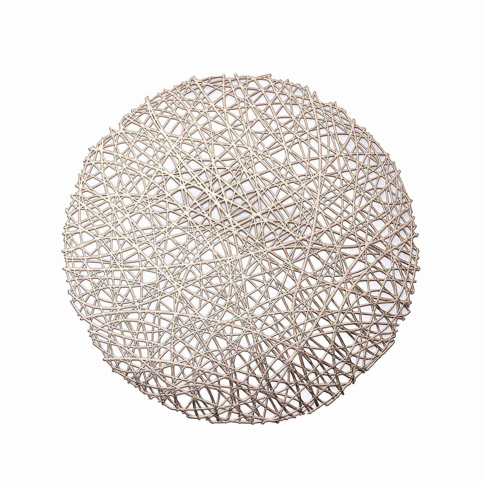 6-Pack Vinyl Placemats Champagne Woven Design - Durable Non-Slip Round Table Mats for Dining 15"