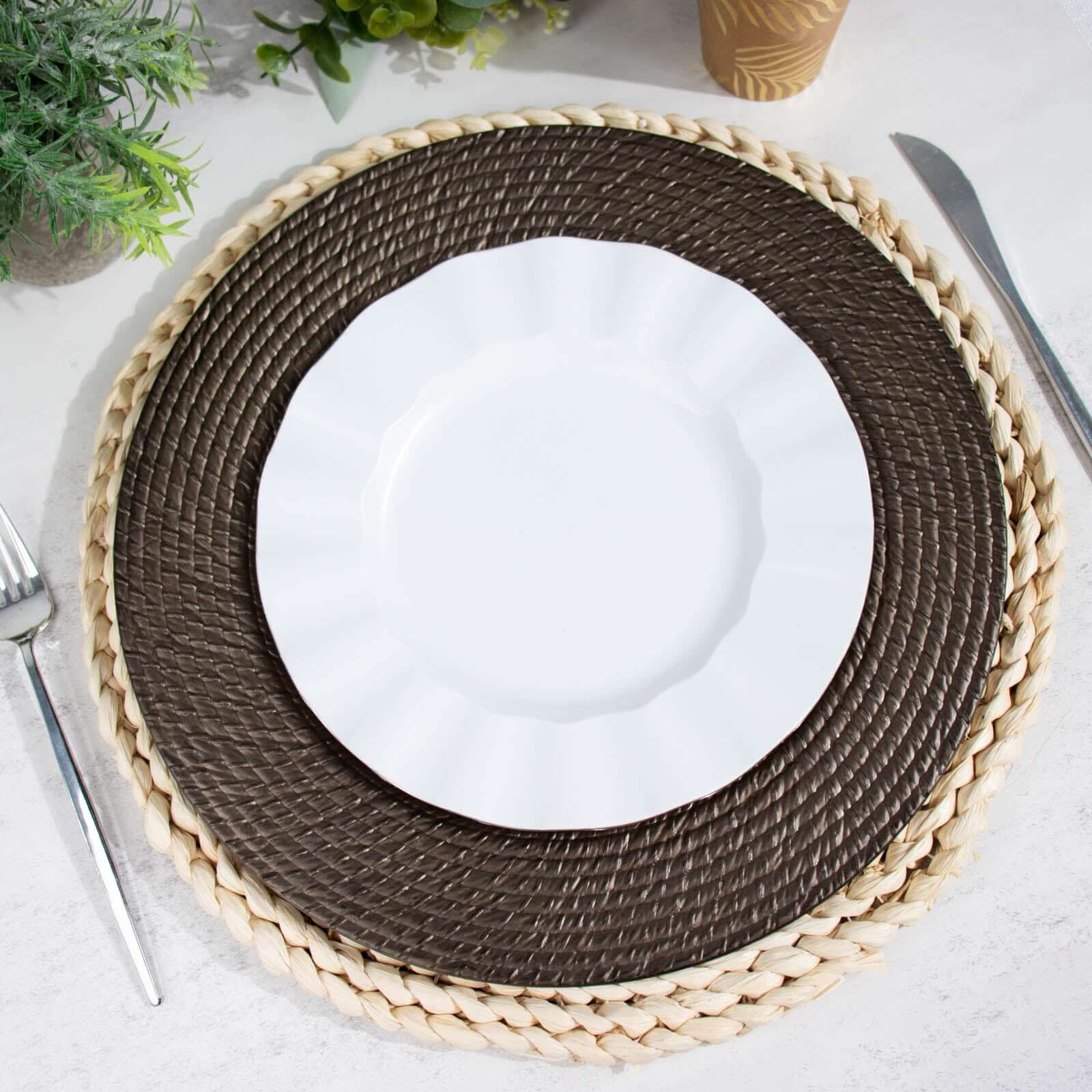 6-Pack Acrylic Round Charger Plates 13" in Natural Brown with Rattan-Like Design, Farmhouse Disposable Plastic Charger Tableware