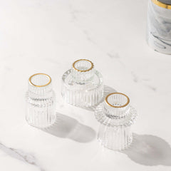 Set of 6 Glass Taper Candle Holders Ribbed Crystal Design with Gold Rim Clear - Reversible Mini Votive Tealight Stands 3"