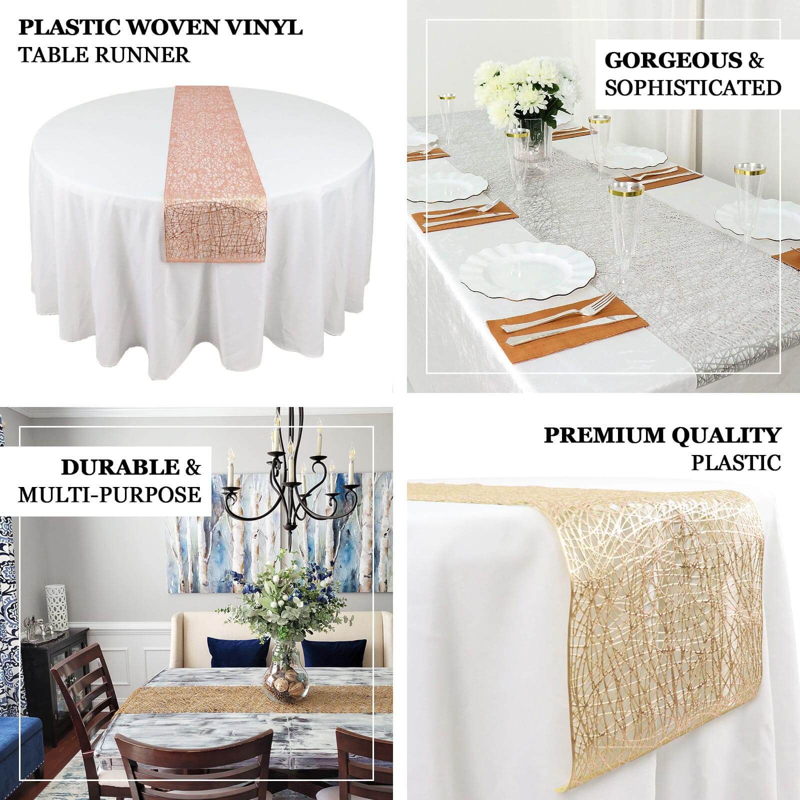 Plastic Woven Vinyl 13"x6ft Table Runner Metallic Rose Gold - Non-Slip & Reversible Tabletop Decor