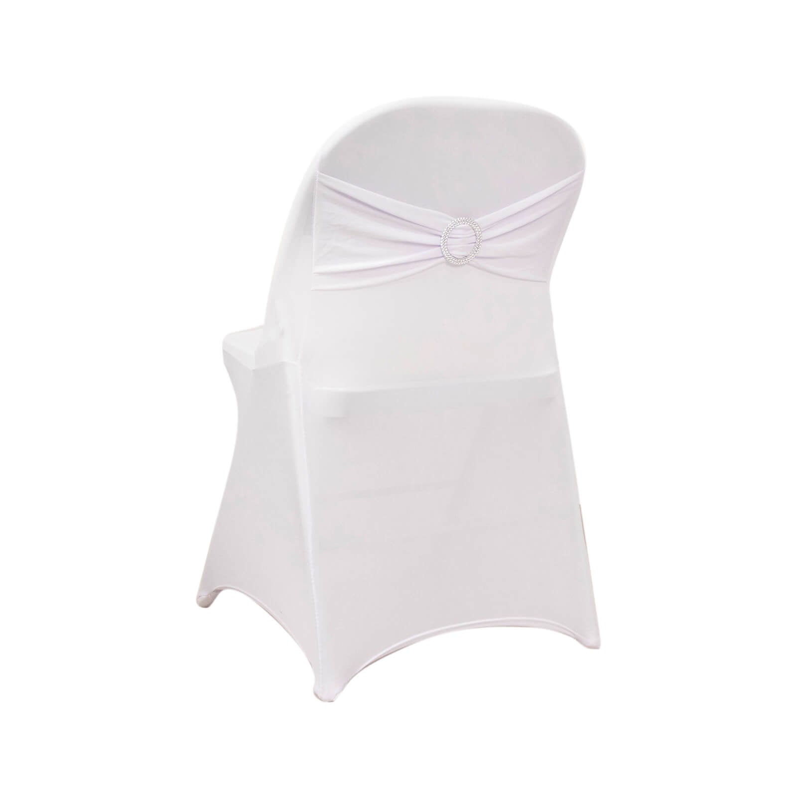 Stretch Spandex Chair Cover White for Folding Chairs - Enhanced Style & Secure Fit Slipcover with Stunning Silver Rhinestone Buckled Sash Band