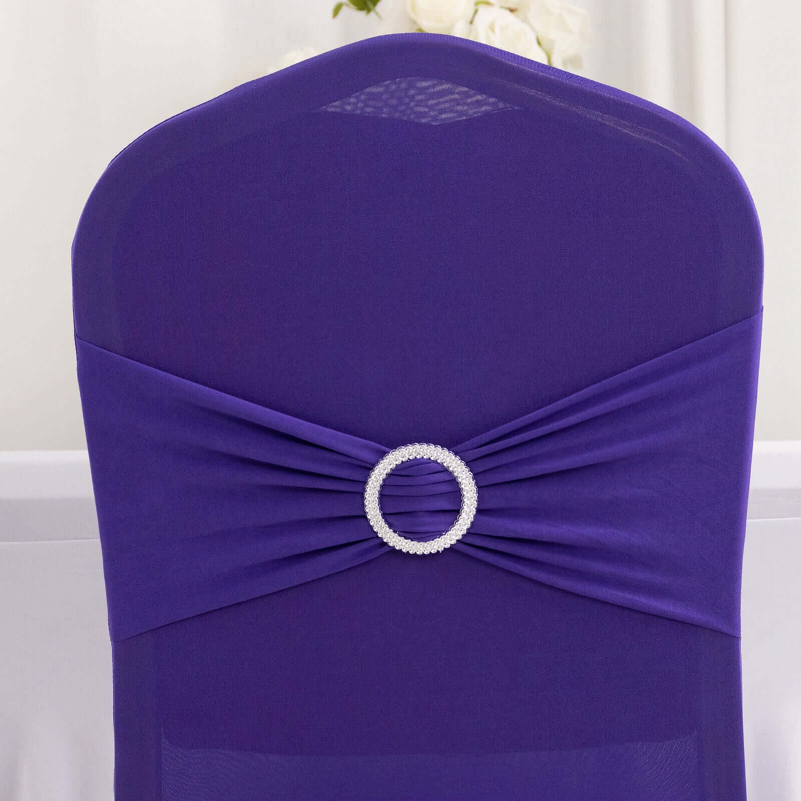 Spandex Chair Cover with Silver Rhinestone Buckled Sash Band Purple - Stretch Fitted Slipcover