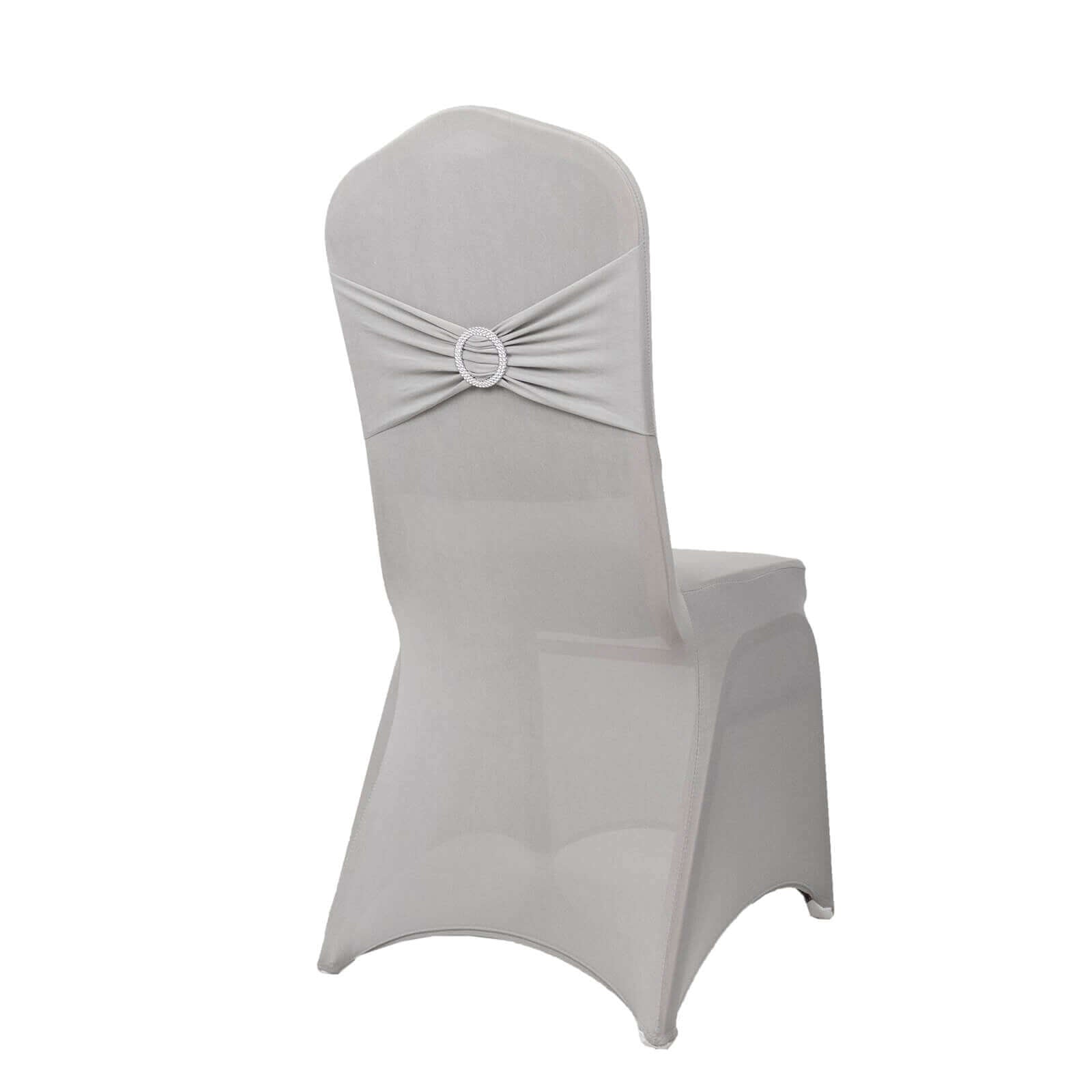 Spandex Chair Cover with Rhinestone Buckled Sash Band Silver - Stretch Fitted Slipcover