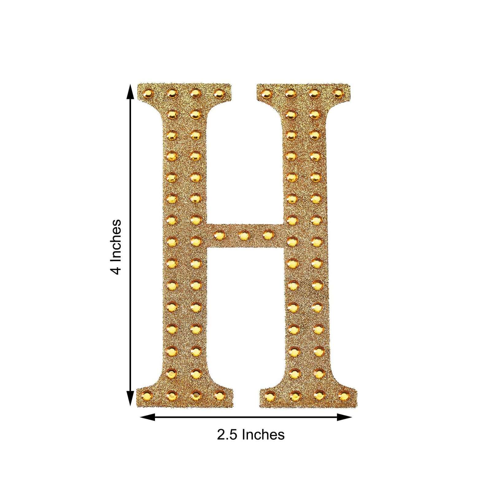 Decorative Rhinestone Alphabet "H" Letter Stickers, Glitter Adhesive Craft Letters Gold DIY Sparkle Embellishments 4"