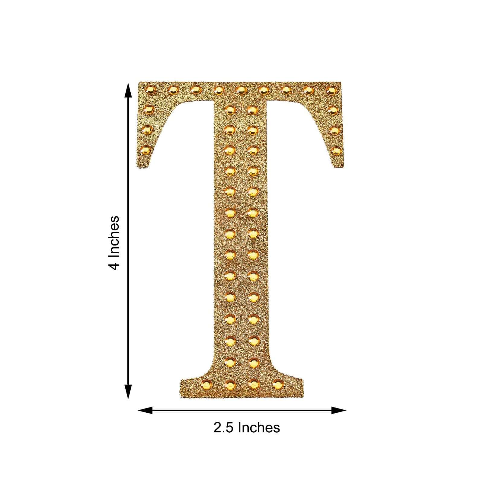 Decorative Rhinestone Alphabet "T" Letter Stickers, Glitter Adhesive Craft Letters Gold DIY Sparkle Embellishments 4"