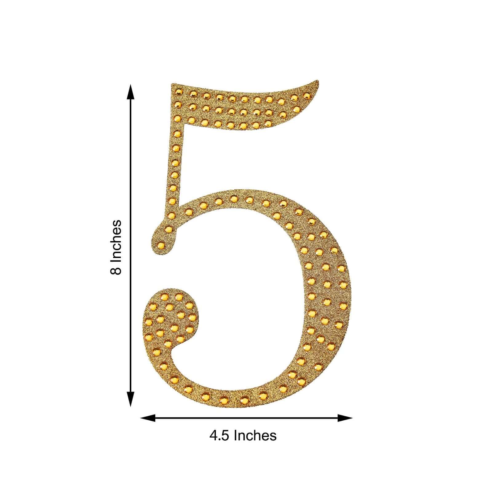 Decorative Rhinestone Number "5" Stickers, Glitter Adhesive Craft Numbers Gold DIY Sparkle Embellishments 8"