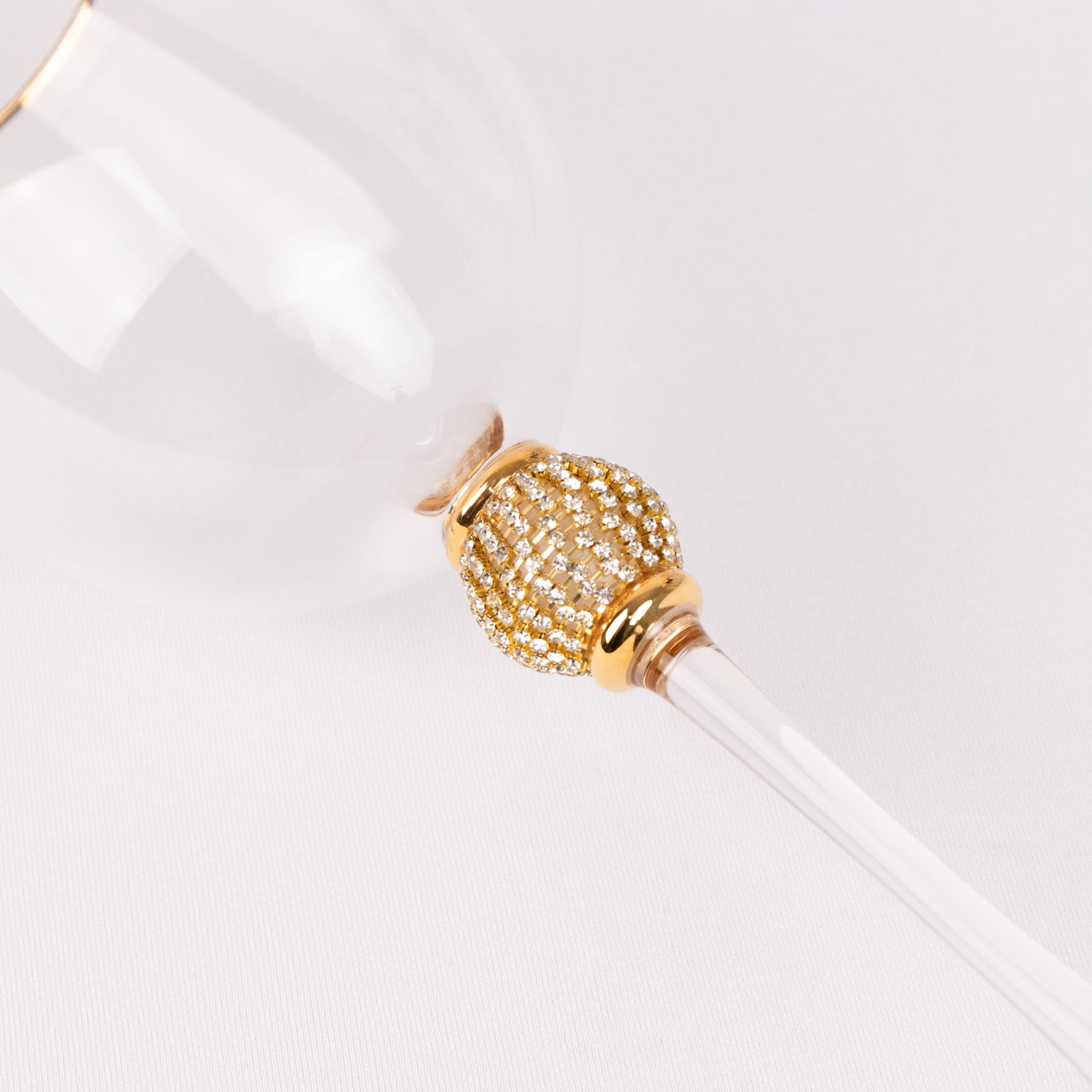 Set of 6 Wine Goblet Glasses Clear Gold Rimmed Design with Rhinestone Studded Stem - Handblown Vintage Crystal Glasses for Cocktails 16oz 10"