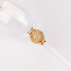 Set of 6 Wine Goblet Glasses Clear Gold Rimmed Design with Rhinestone Studded Stem - Handblown Vintage Crystal Glasses for Cocktails 16oz 10"