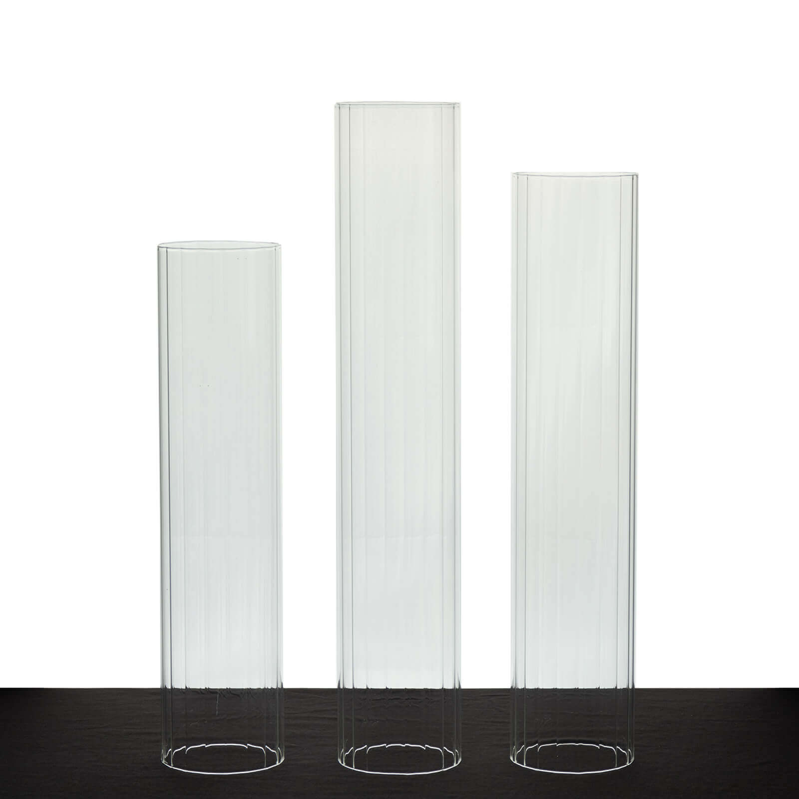 Set of 3 Clear Ribbed Glass Hurricane Shades Open End Design - Stylish Candelabra Pillar Candle Holder Table Centerpiece 15", 17", 19"