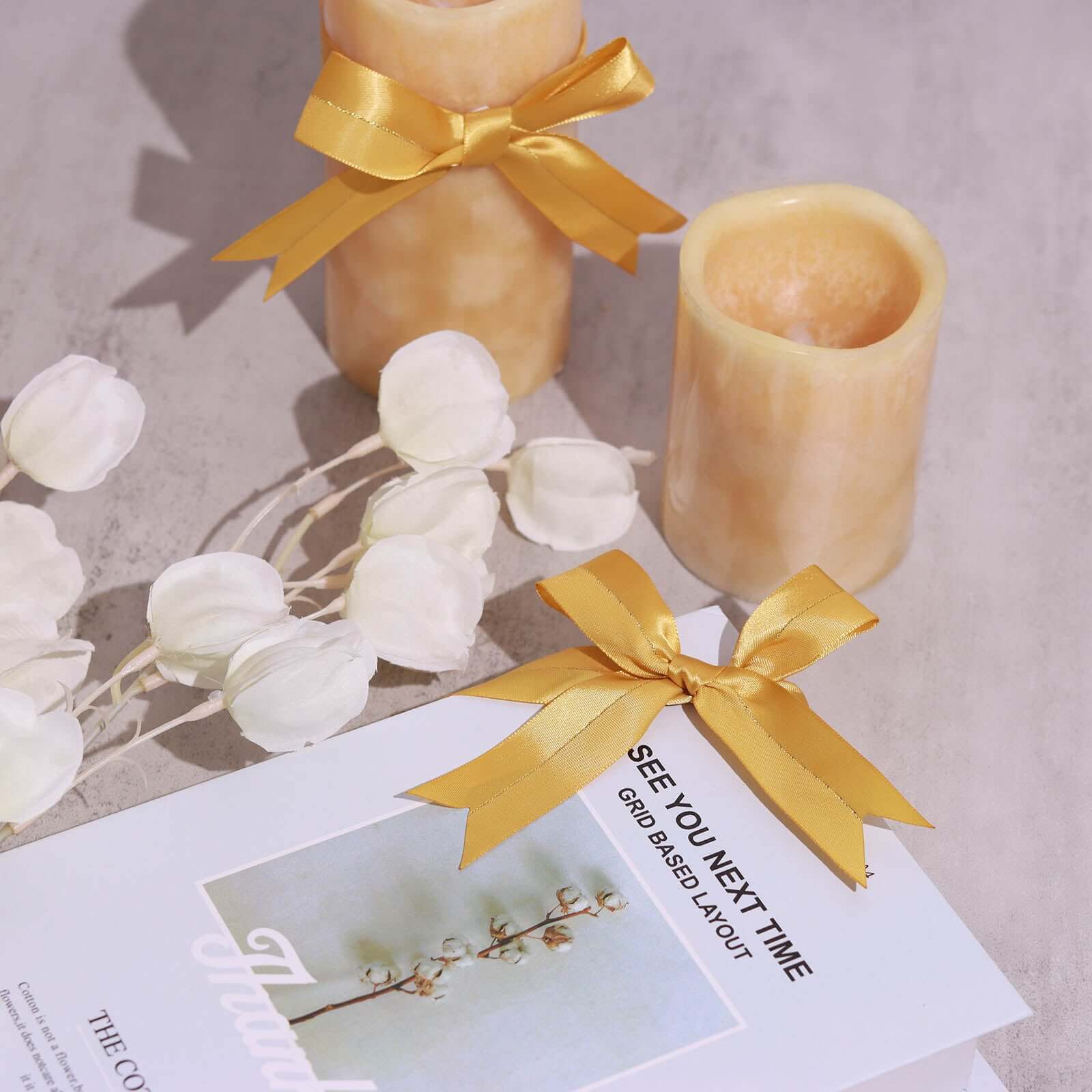 50 Pcs 10" Gold Pre Tied Ribbon Bows, Satin Ribbon With Gold Foil Lining For Gift Basket and Party Favors Decor