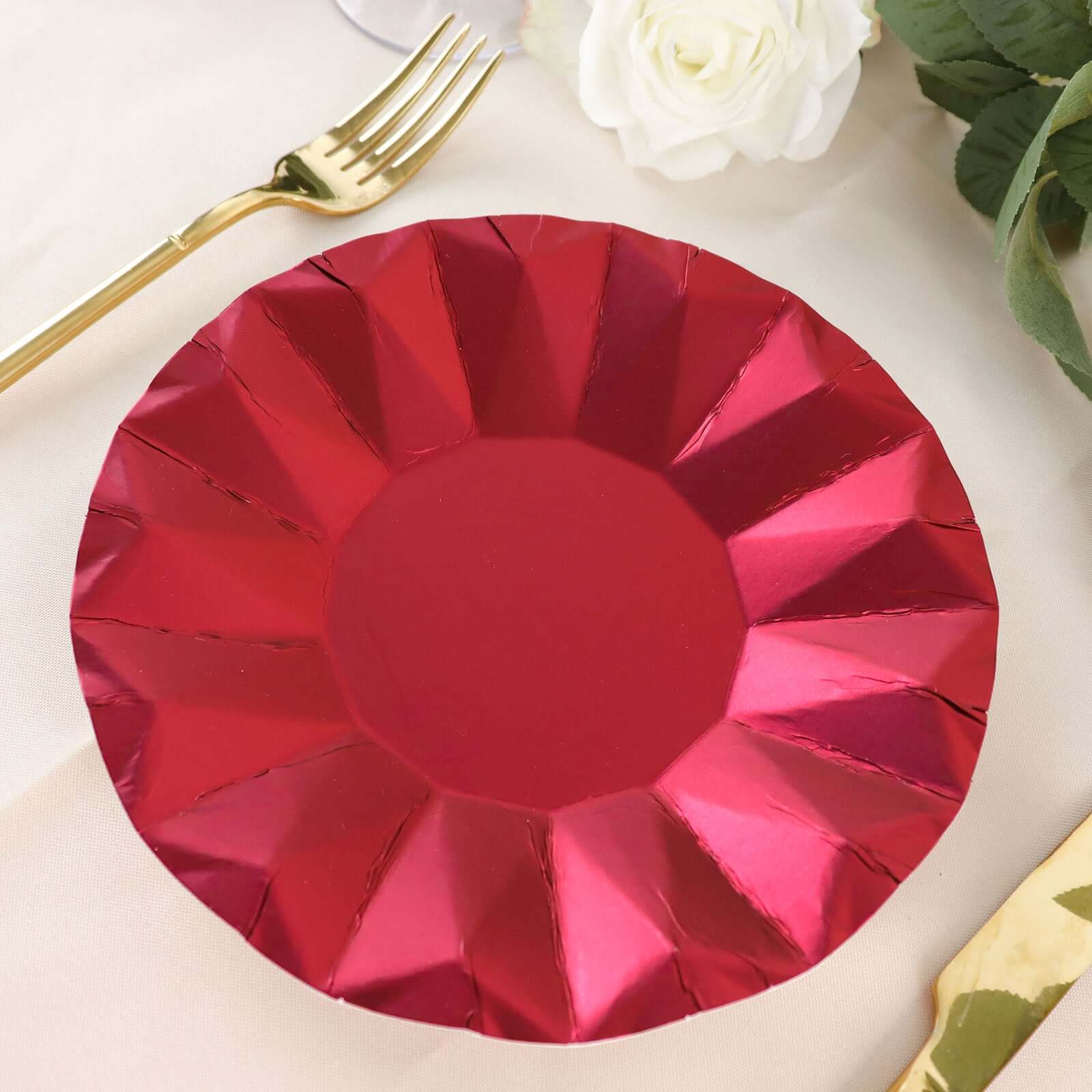 25-Pack Paper 7" Round Dessert Plates in Burgundy with Geometric Prism Rim - Disposable 400GSM Appetizer Salad Plates