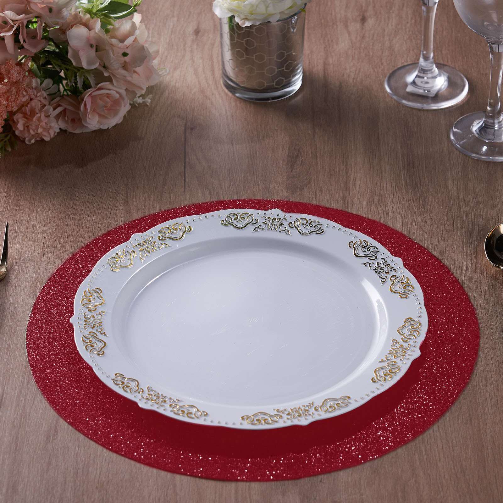 6-Pack Placemats Glitter Design Burgundy Sparkle Round - Non-Slip Decorative Dining Table Mats 13"