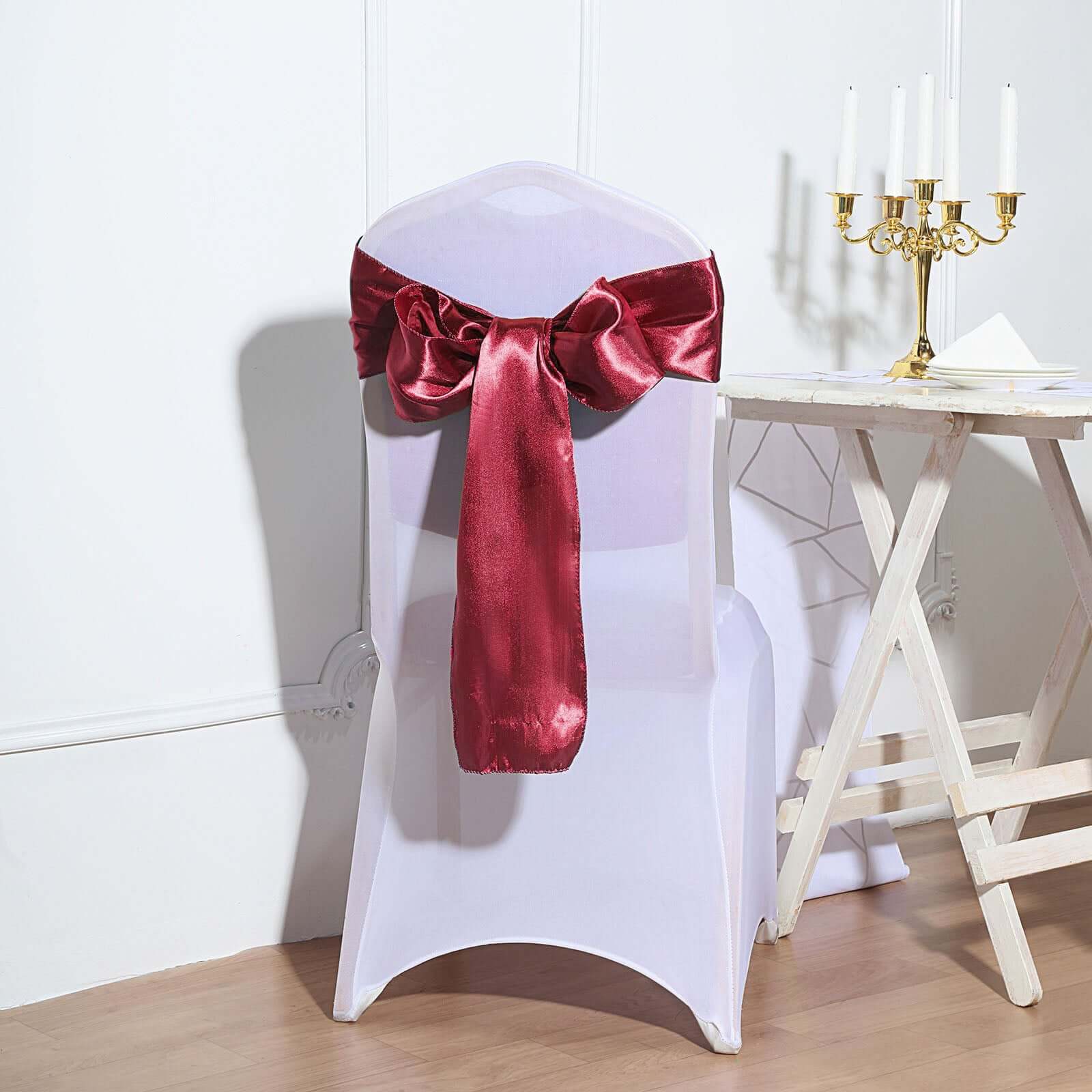 5 Pack Satin Chair Sashes Burgundy - Durable Chair Bows with Shiny Finish 6"x106"