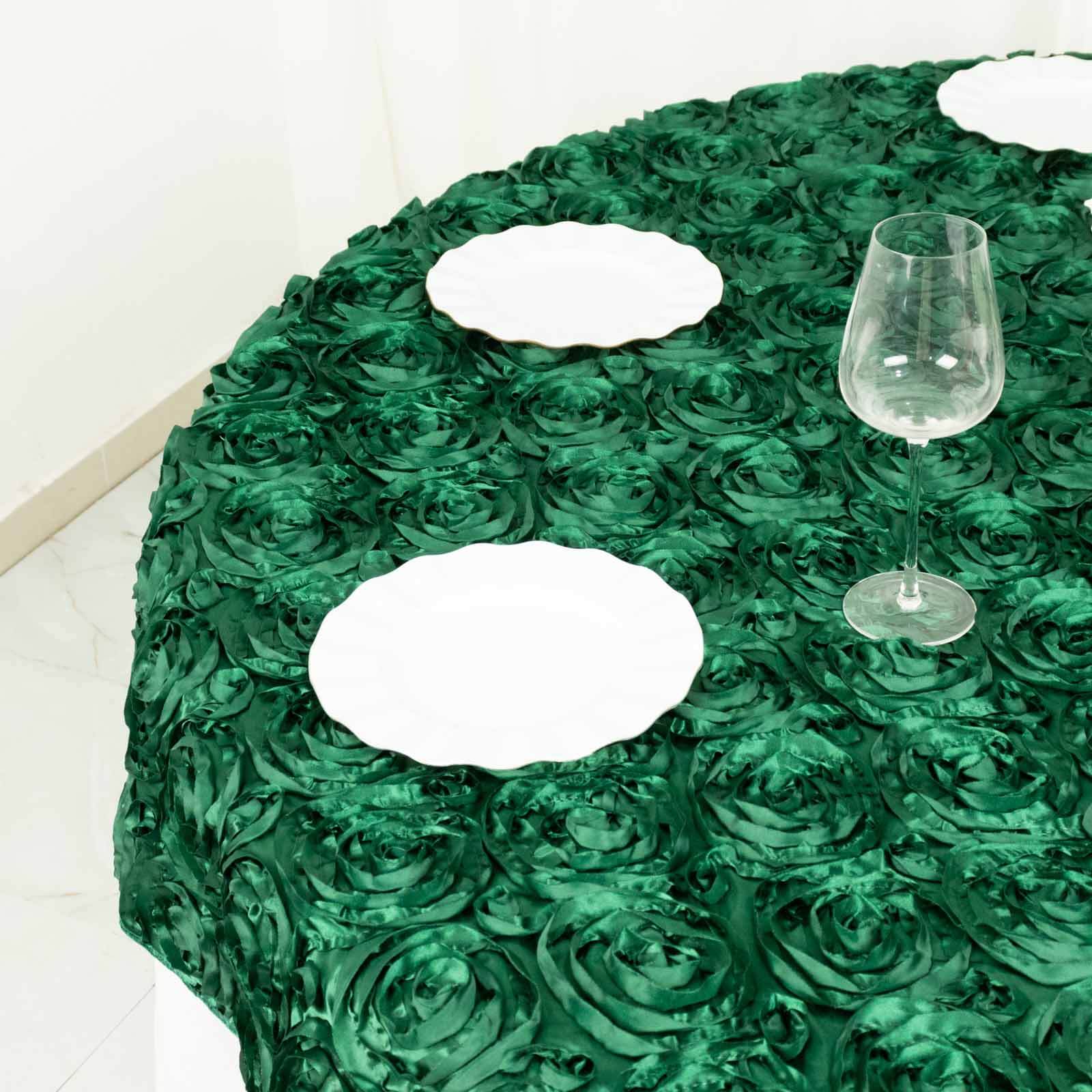 Satin 72"x72" Table Overlay Square Tablecloth Hunter Emerald Green - 3D Rosette Table Cover